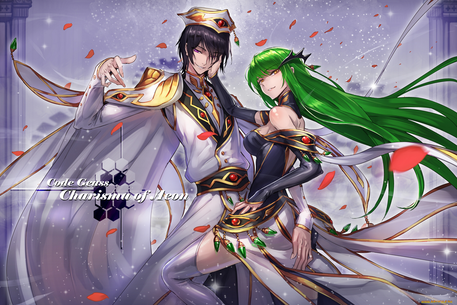 аниме, code, geass, cc, lelouch, lamperouge, ryuuzaki, itsu, девушка, мужчина, платье, костюм, плащ, шапка, украшения, лепестки, камни