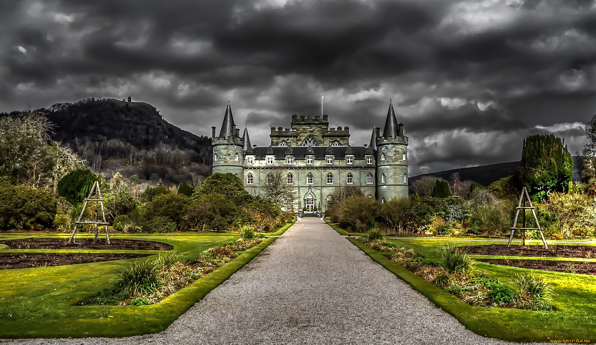 castle, города, -, дворцы, , замки, , крепости, сумрак, тучи, замок, парк