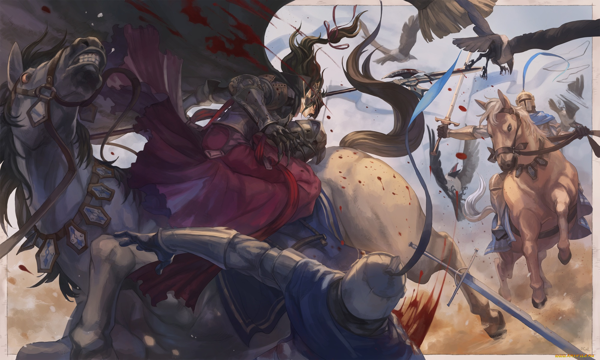 аниме, pixiv, fantasia, плащ, кровь, всадник, лошади, парень, арт, oca, pixiv, fantasia