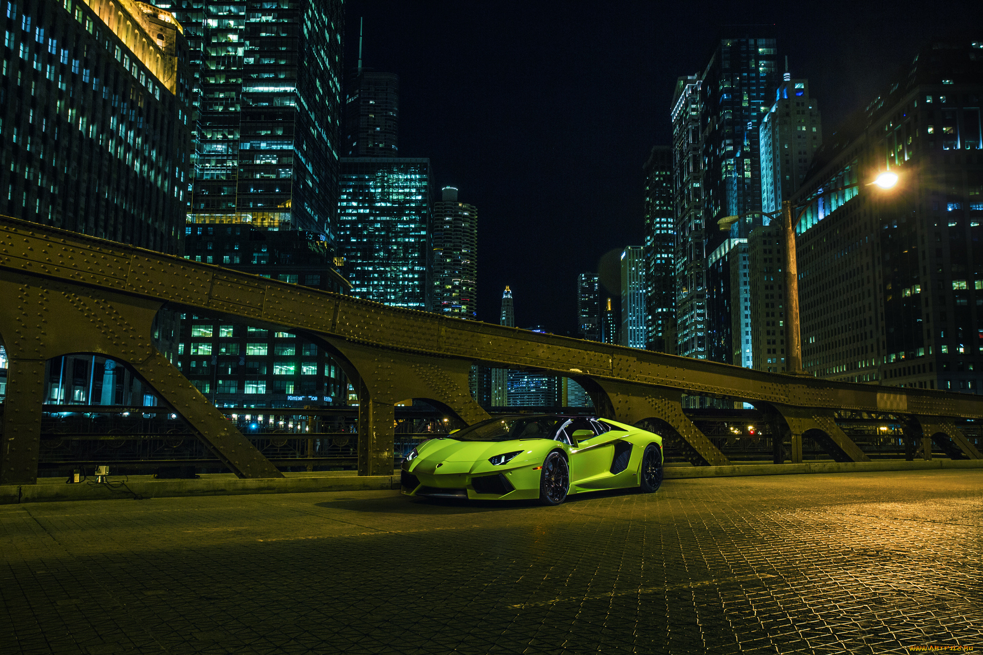автомобили, lamborghini, nigth, chicago, downtown, city, supercar, green, front, roadster, lp700-4, aventador