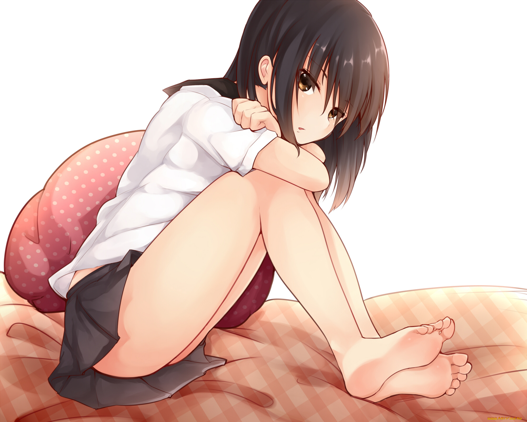 аниме, unknown, , другое, batatata77, арт, девочка, кровать, сидит, подушка