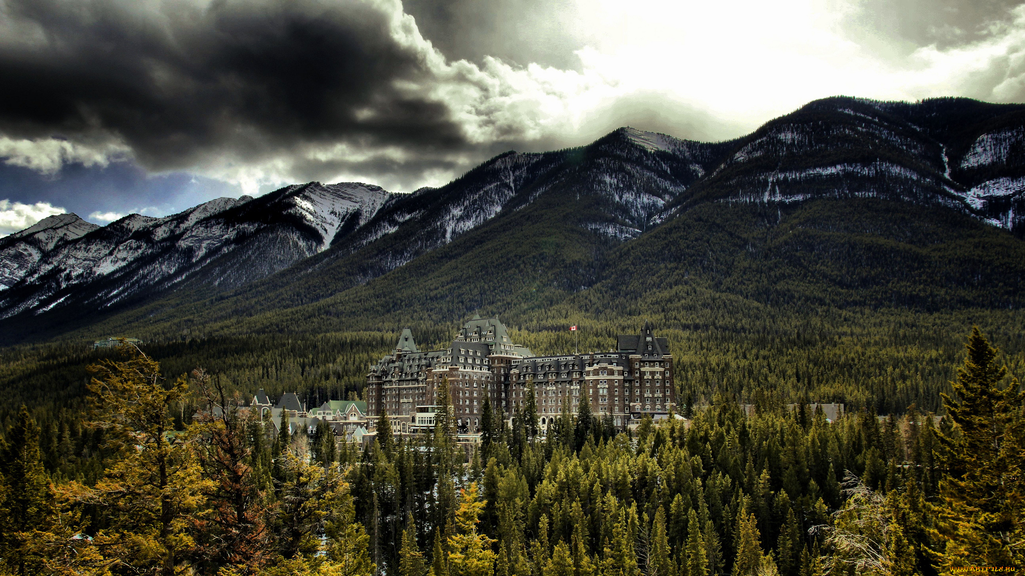 banff, springs, hotel, города, -, пейзажи, сумрак, отель, тучи, лес, горы