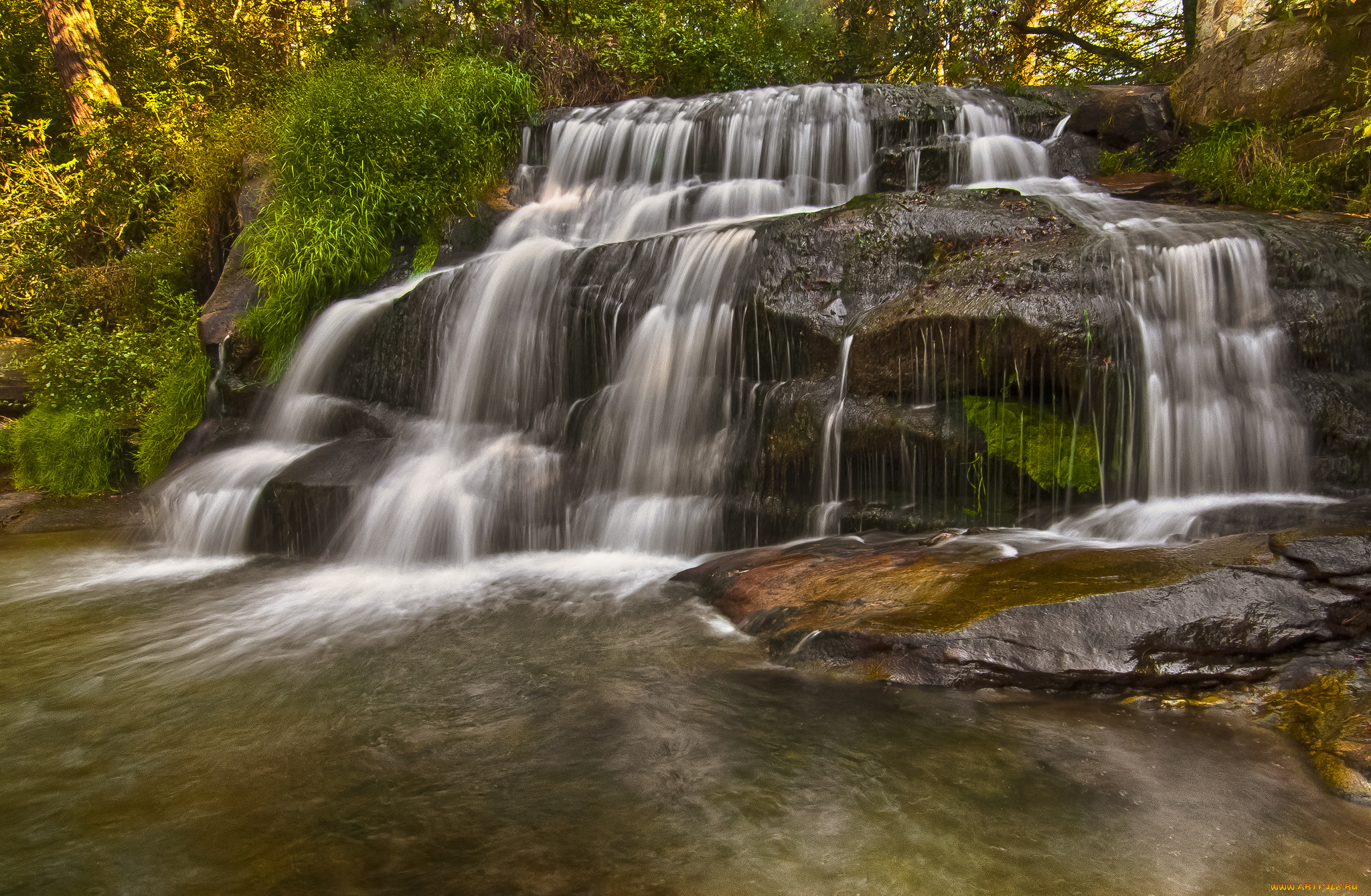 природа, водопады, водопад, река, лес