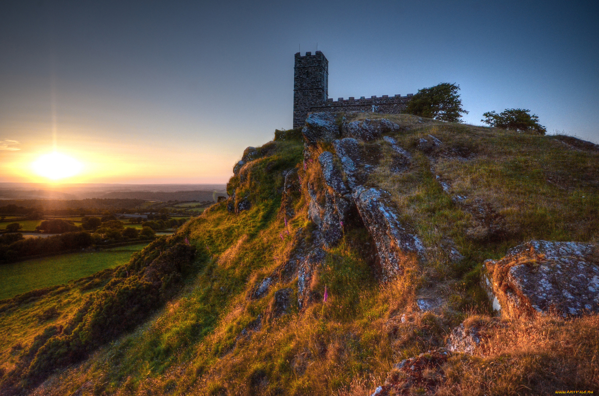 brentor, church, at, sunset, города, -, католические, соборы, , костелы, , аббатства, святилище, холм