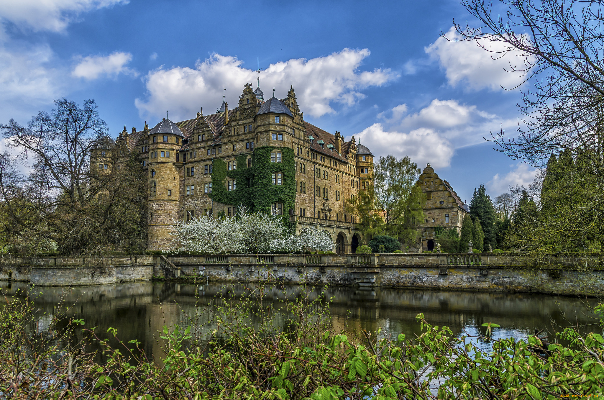 neuenstein, города, замки, германии, пруд, парк, замок