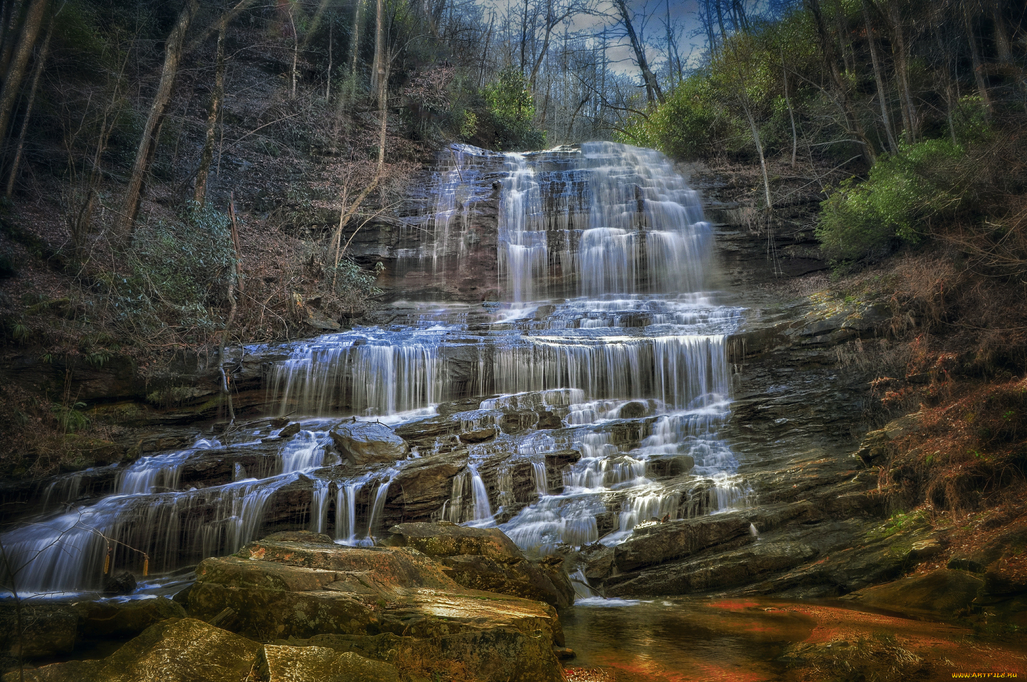 природа, водопады, водопад, река, лес