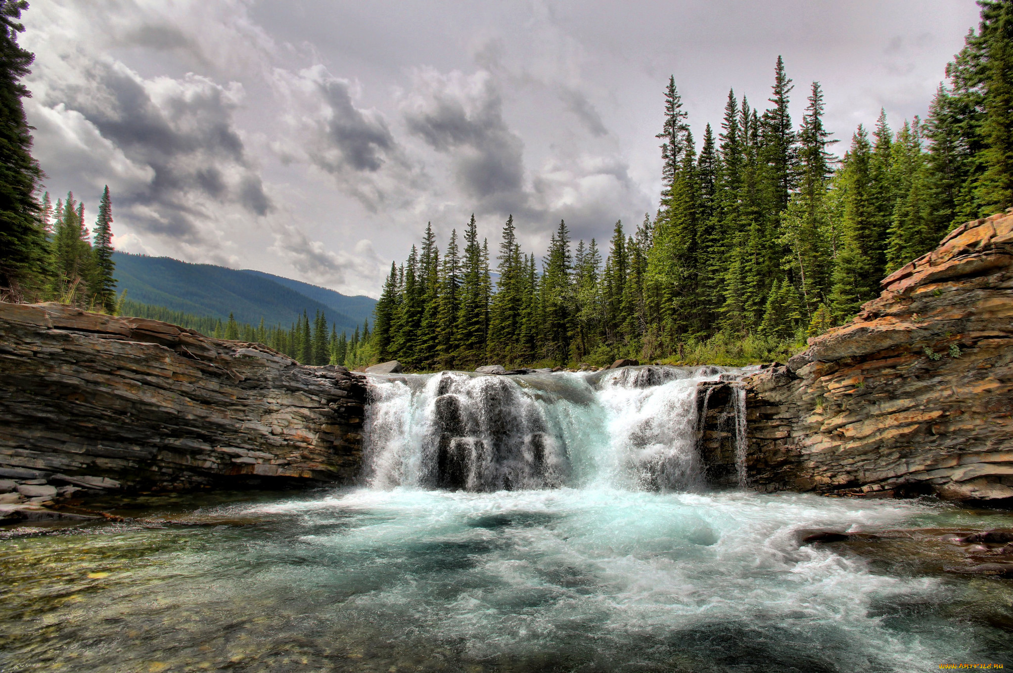 природа, водопады, водопад, река, лес