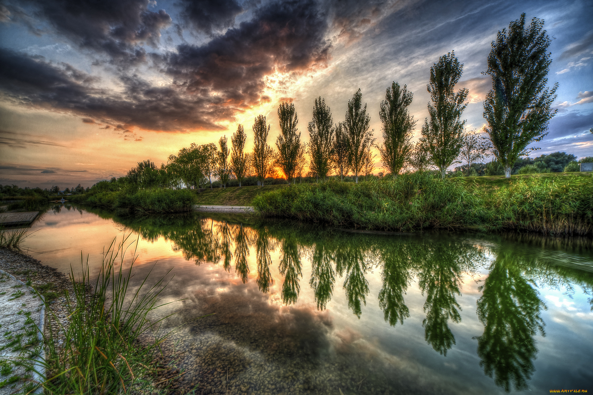 природа, восходы, закаты, тучи, деревья, река, зарево