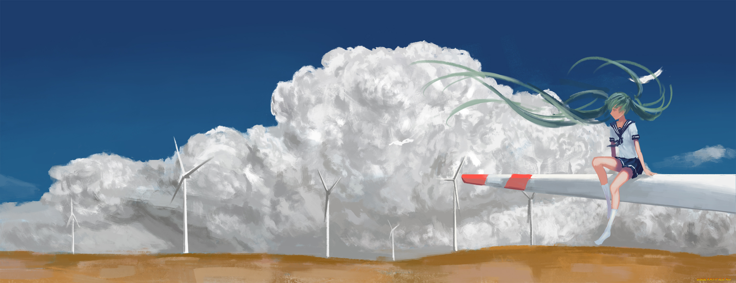 аниме, vocaloid, hatsune, miku, sombernight, арт, девушка, небо, облако, мельница