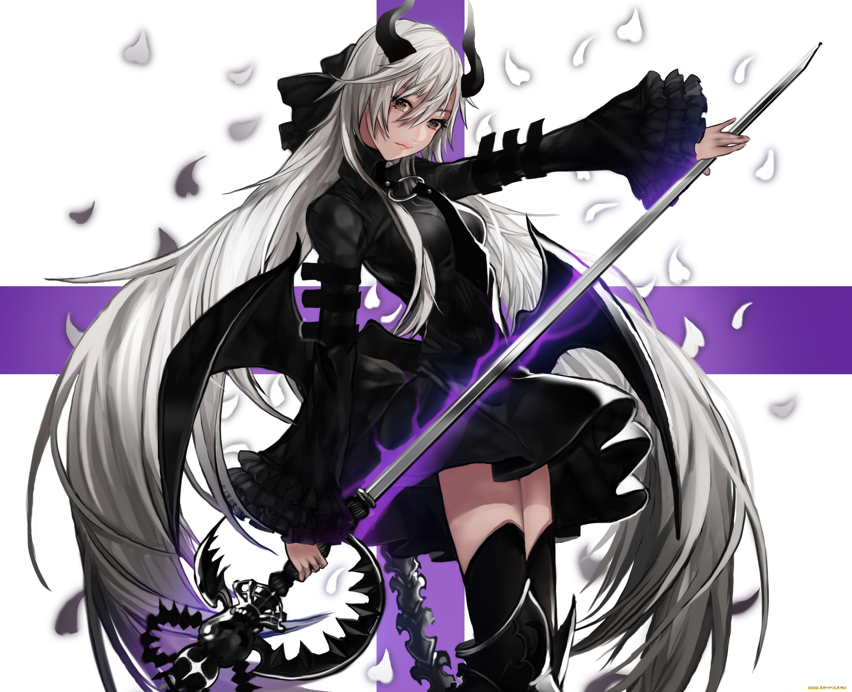 аниме, ангелы, , демоны, pantsumoriko, девушка, демон, рога, крылья, хвост, хребет, оружие, меч, платье, лепестки, бант, доспех