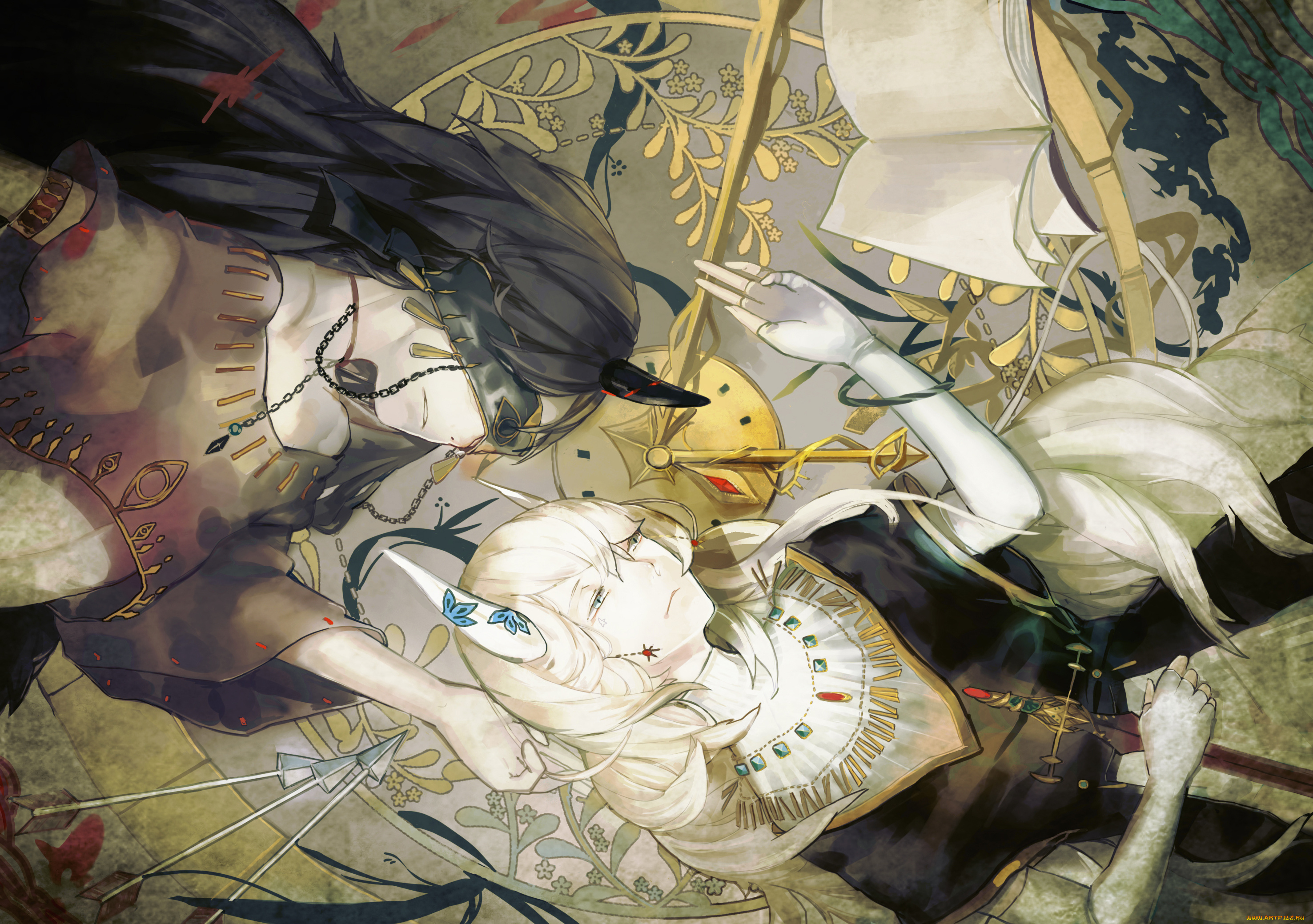 аниме, ангелы, , демоны, nibanmachi, wakai, мужчина, рога, повязка, демон, оружие, меч, перчатки, серьги, браслет, книга, подвеска, кулон, цепь, украшения, ожерелье, часы, стрела