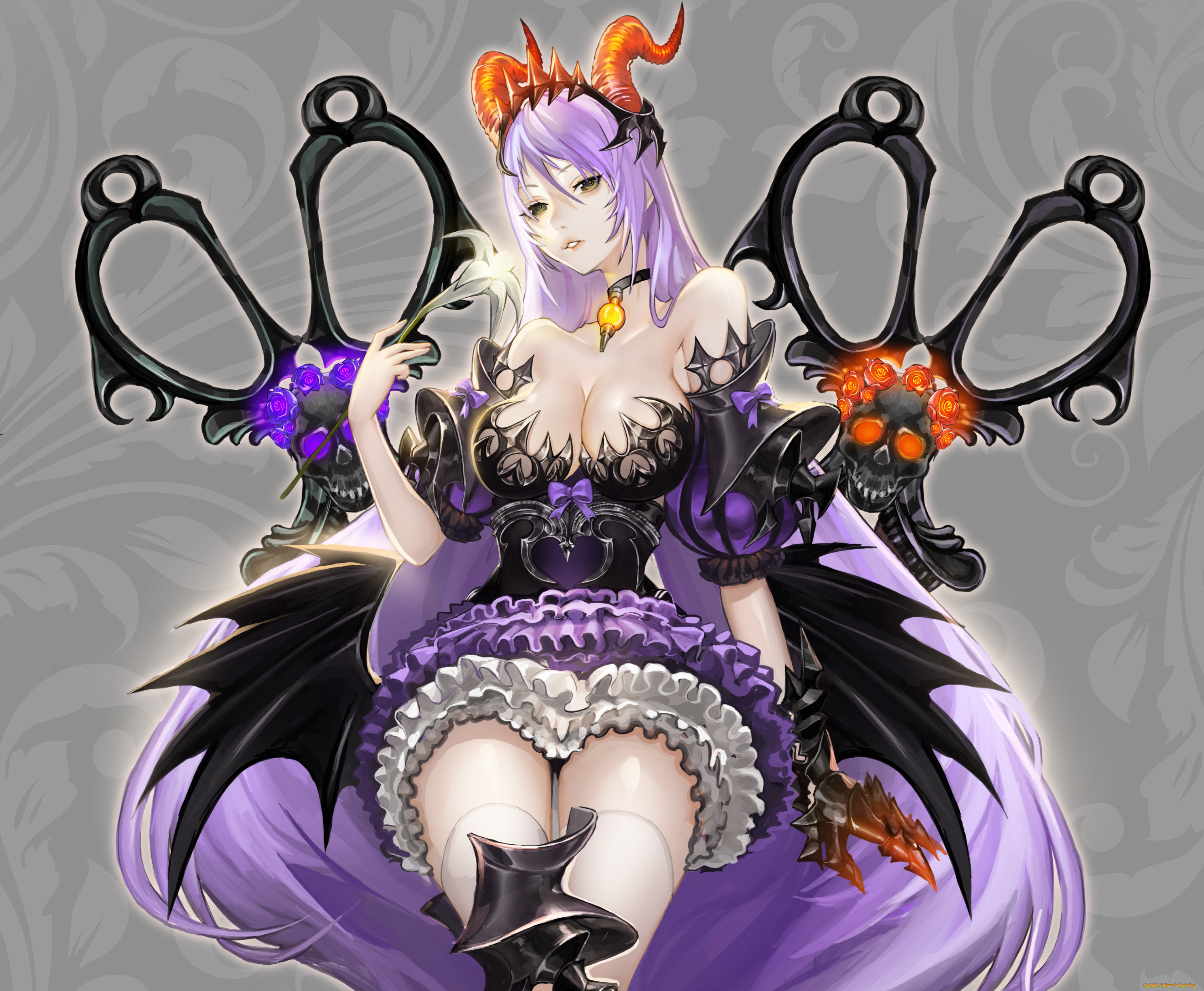 аниме, ангелы, , демоны, pantsumoriko, девушка, демон, рога, крылья, платье, доспех, оружие, перчатка, кастет, цветок, кулон, череп