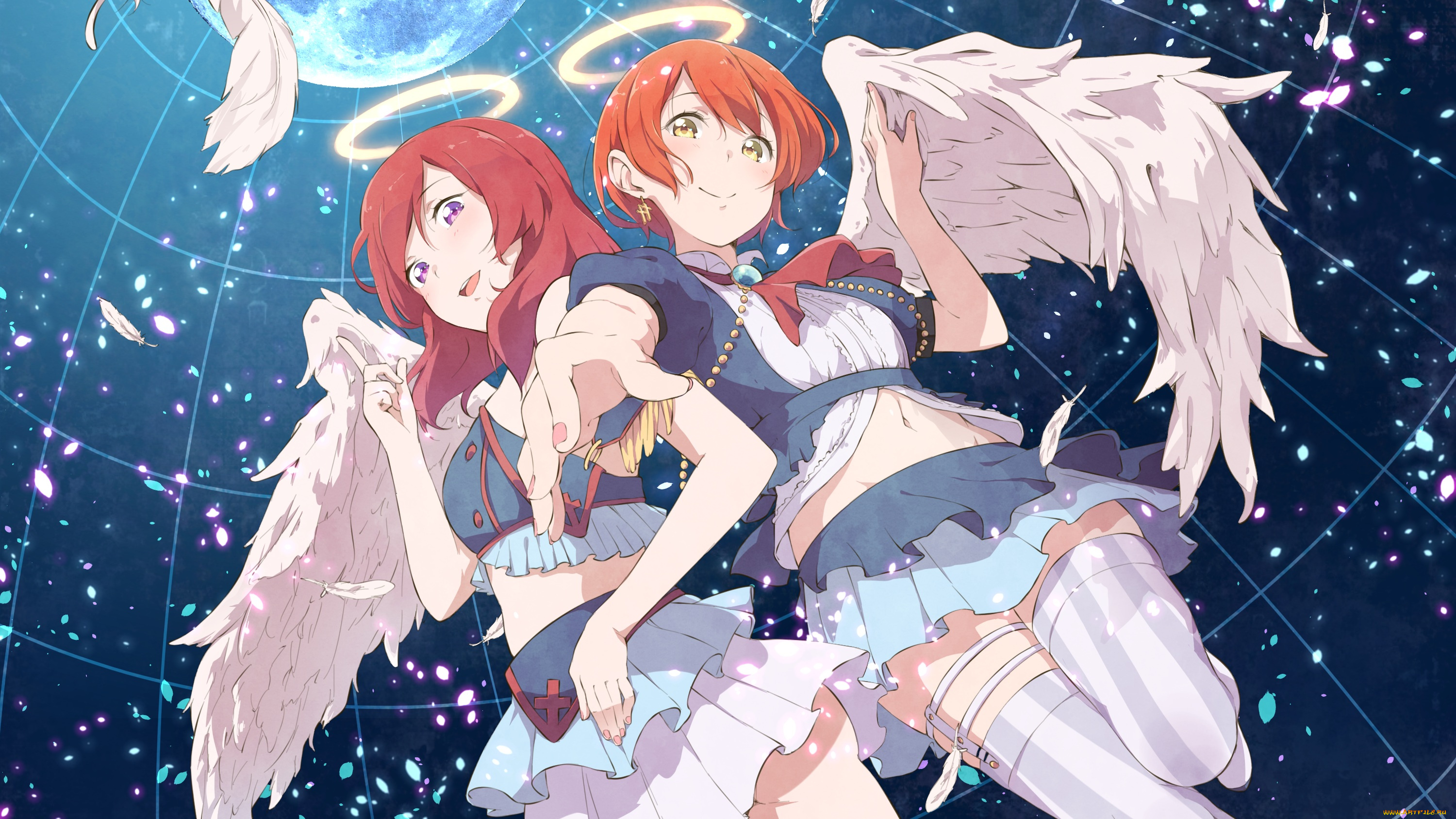 аниме, love, live, , school, idol, project, hoshizora, rin, nishikino, maki, haine, девушки, крылья, перья, ангелы