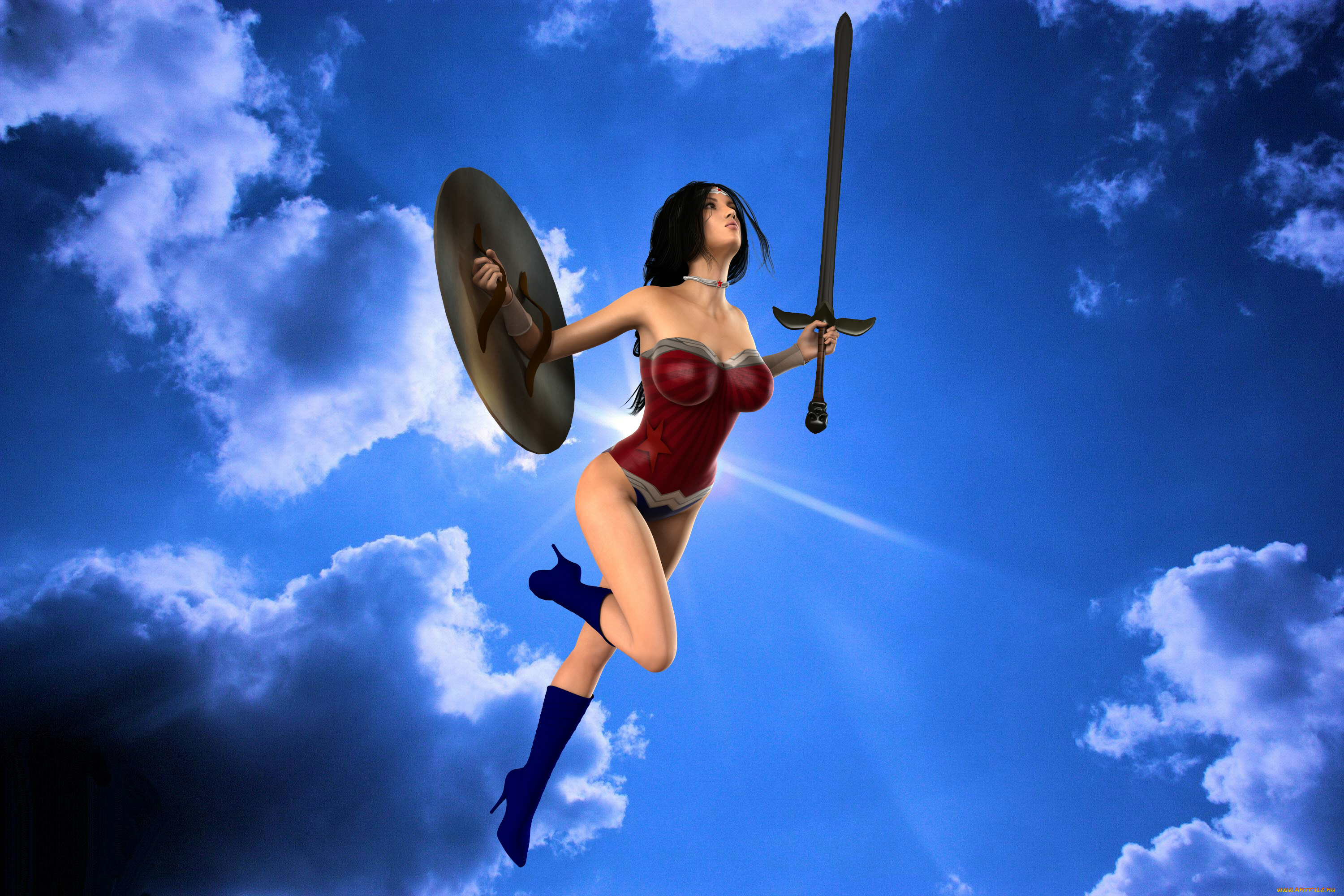 3д, графика, фантазия, , fantasy, полет, щит, фон, девушка, взгляд, супермен, облака, оружие