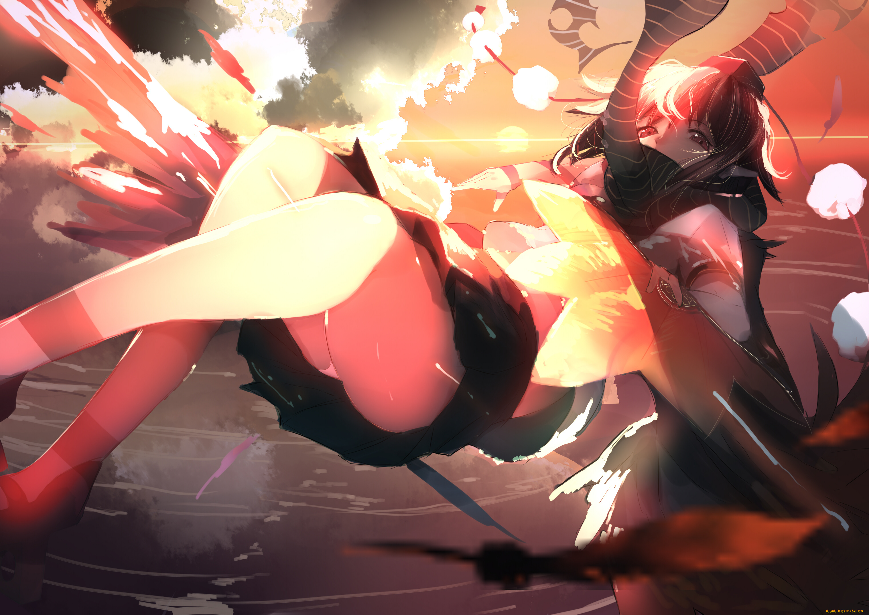 аниме, touhou, shameimaru, aya, закат, взгляд, небо, ноги, девушка, арт, omo, utakatadice, вода