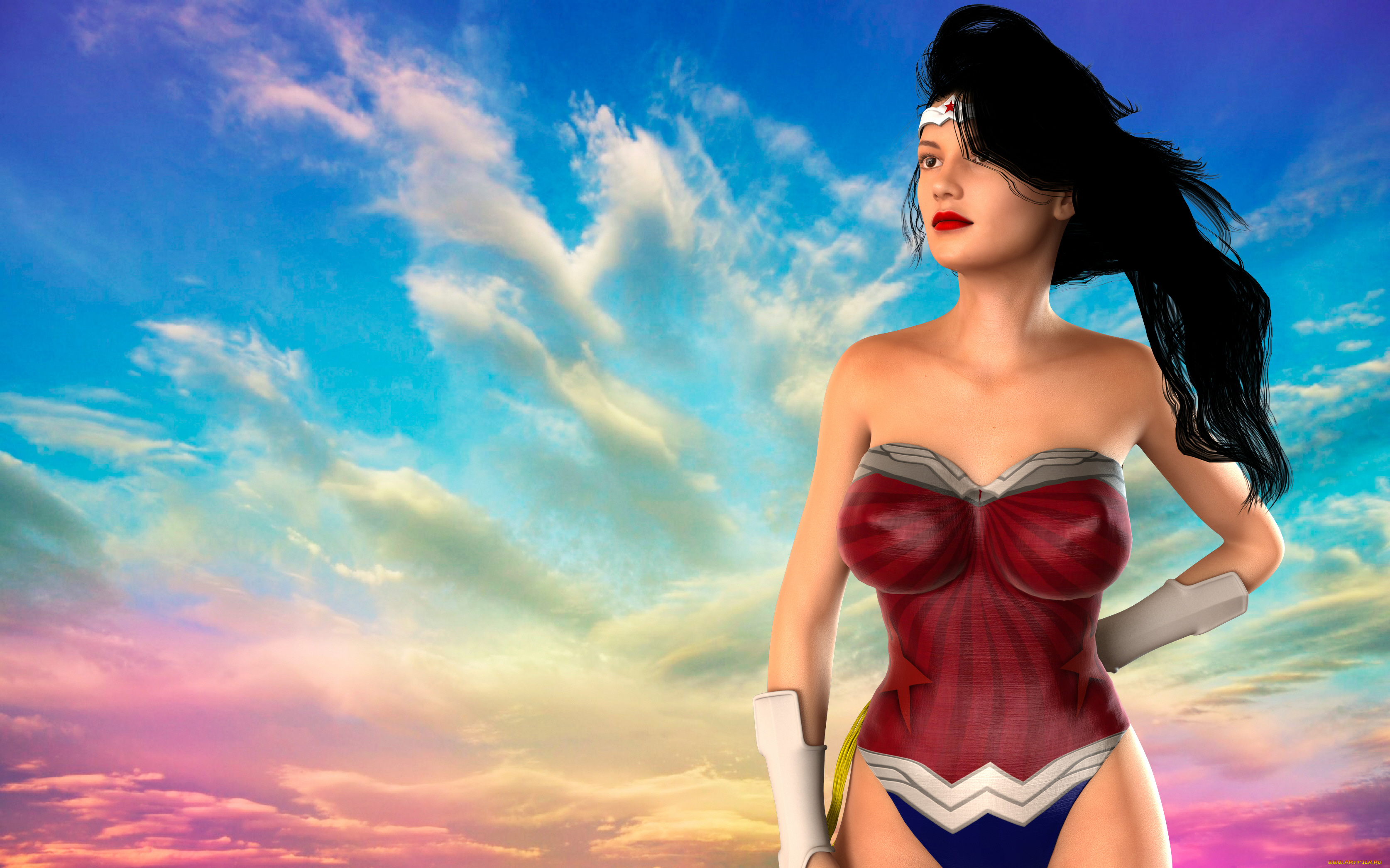 3д, графика, фантазия, , fantasy, облака, фон, взгляд, девушка