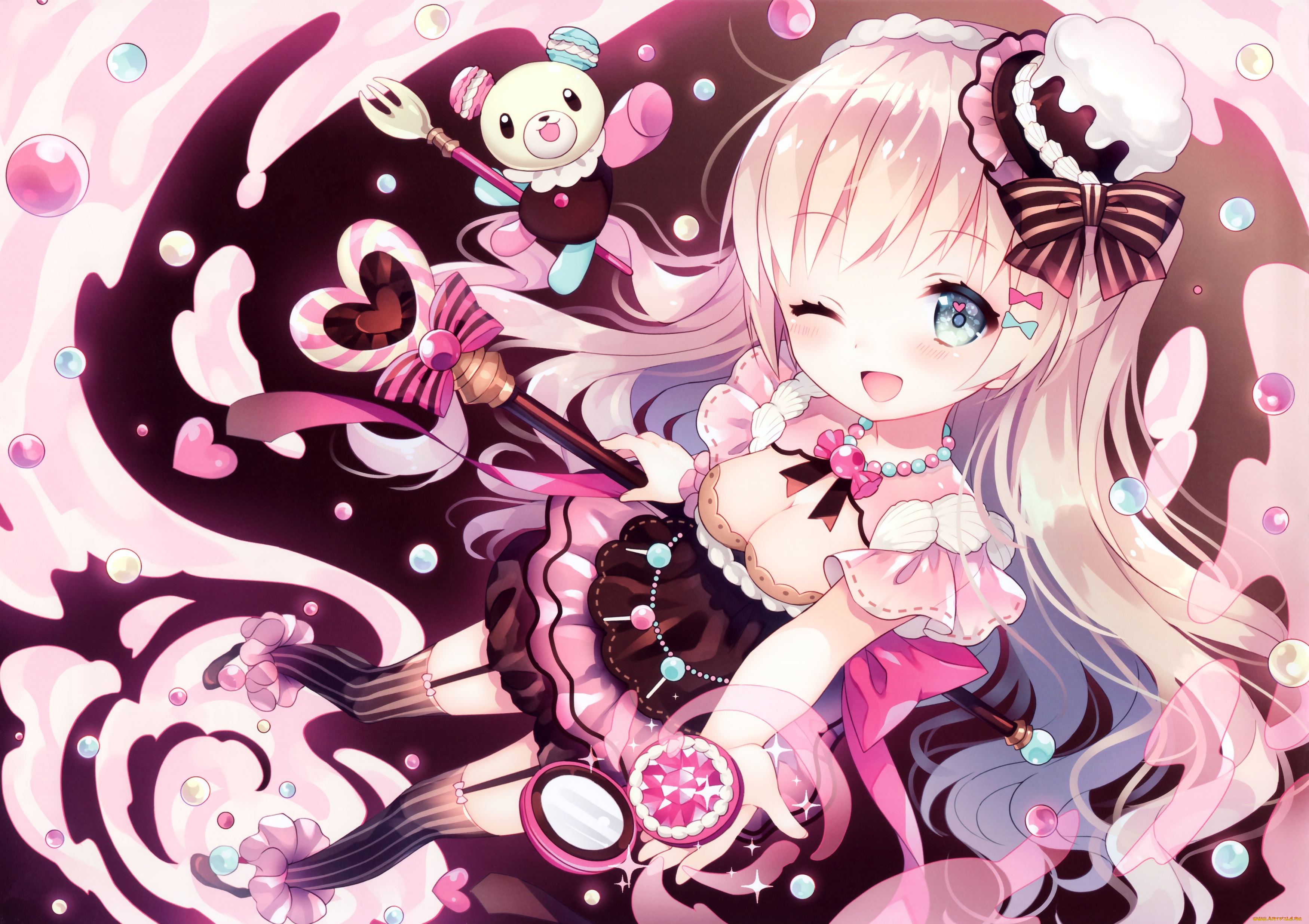 аниме, unknown, , другое, wasabi, sekai, медвежонок, шляпка, девушка, арт