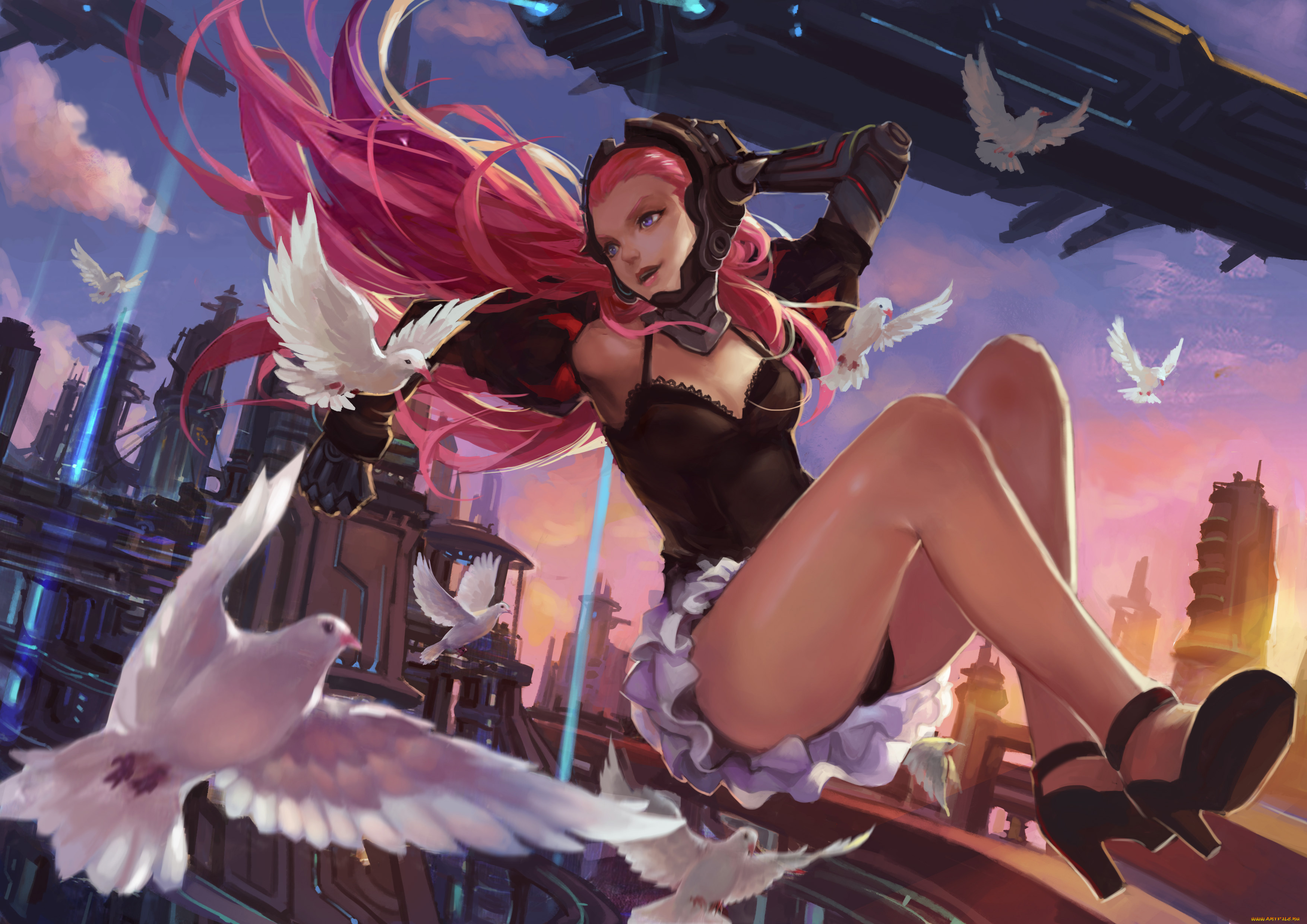 аниме, pixiv, fantasia, птицы, город, шлем, девушка, арт, pixiv, fantasia