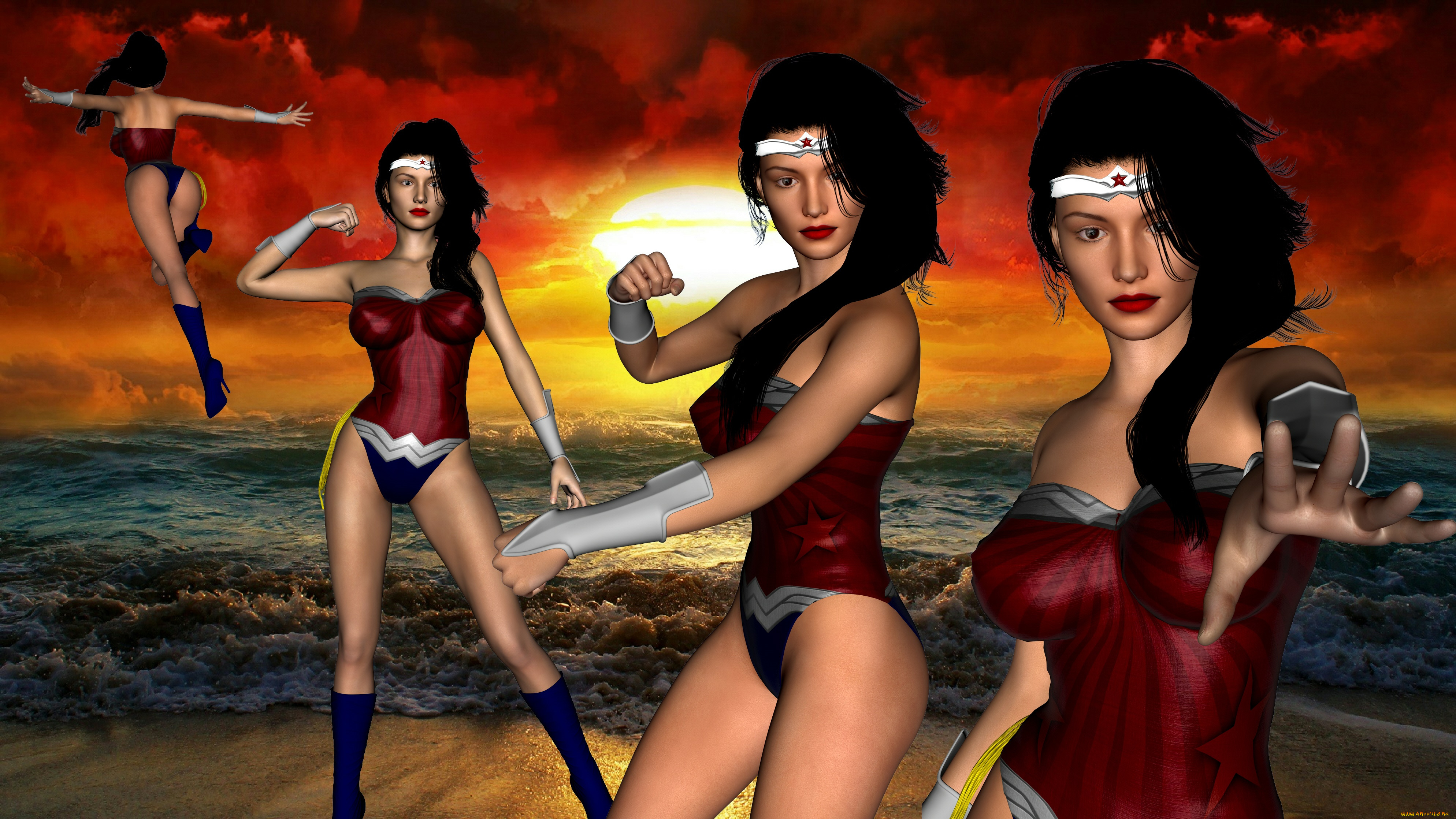 3д, графика, фантазия, , fantasy, девушки, взгляд, фон, закат, море, облака