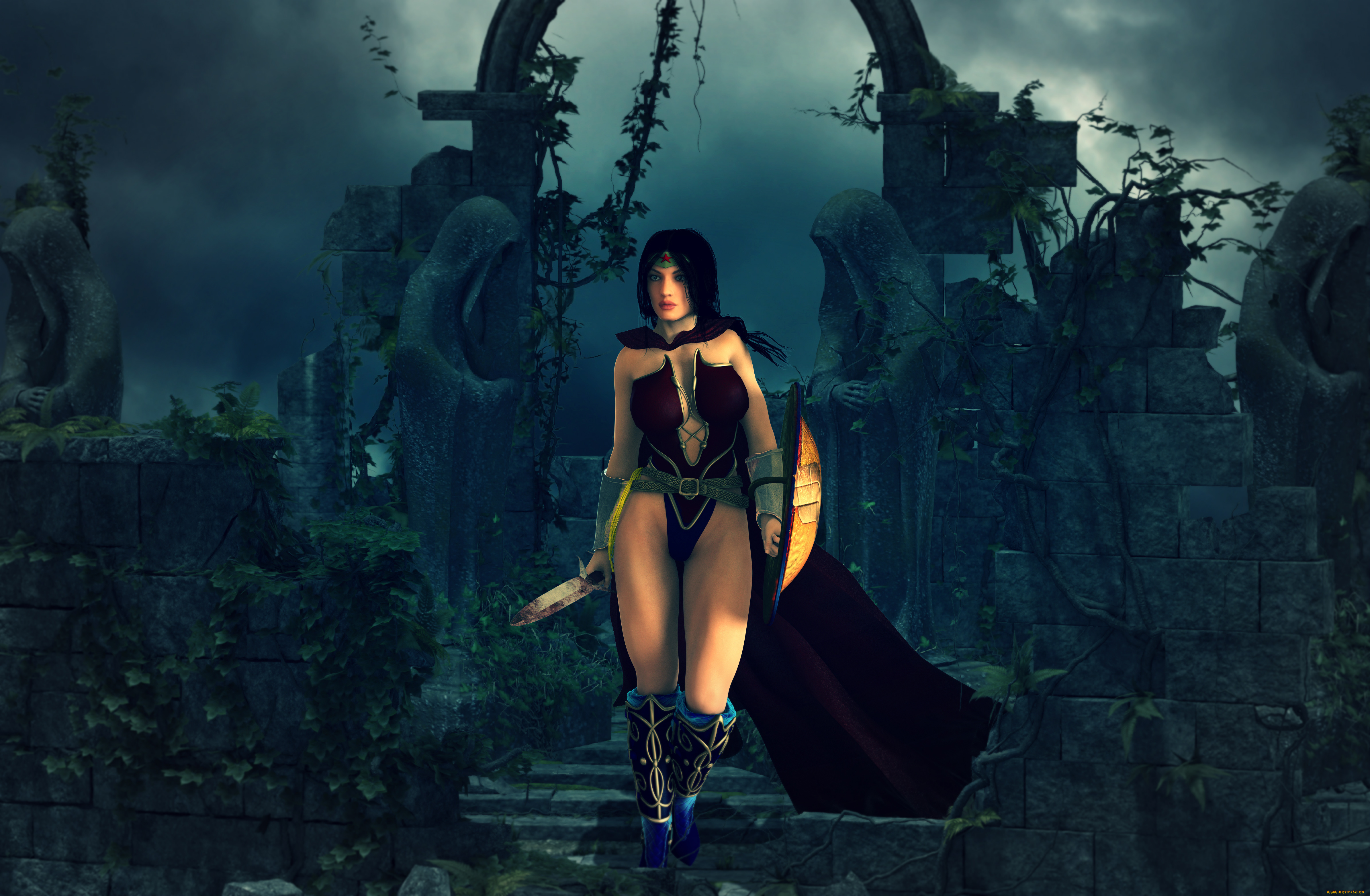 3д, графика, амазонки, , amazon, щит, оружие, фон, взгляд, девушка