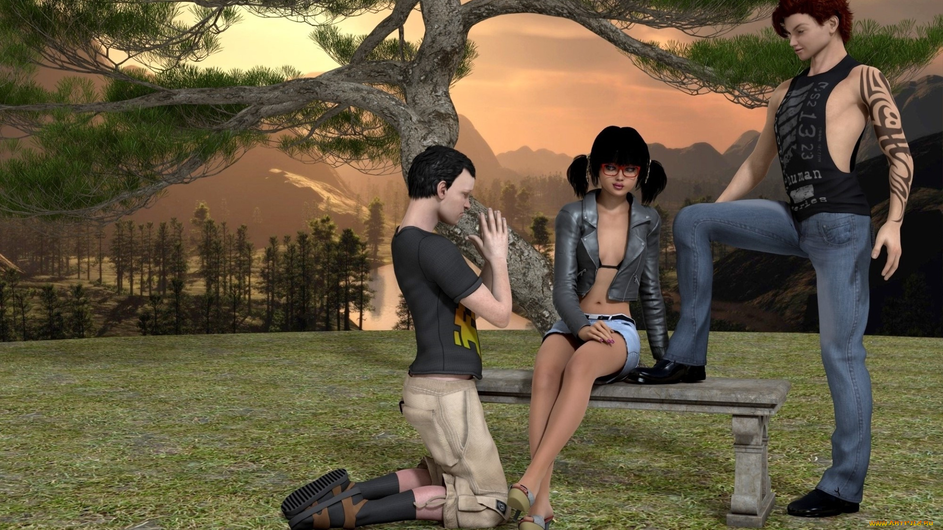 3д, графика, люди, , people, парни, скамейка, фон, взгляд, девушка