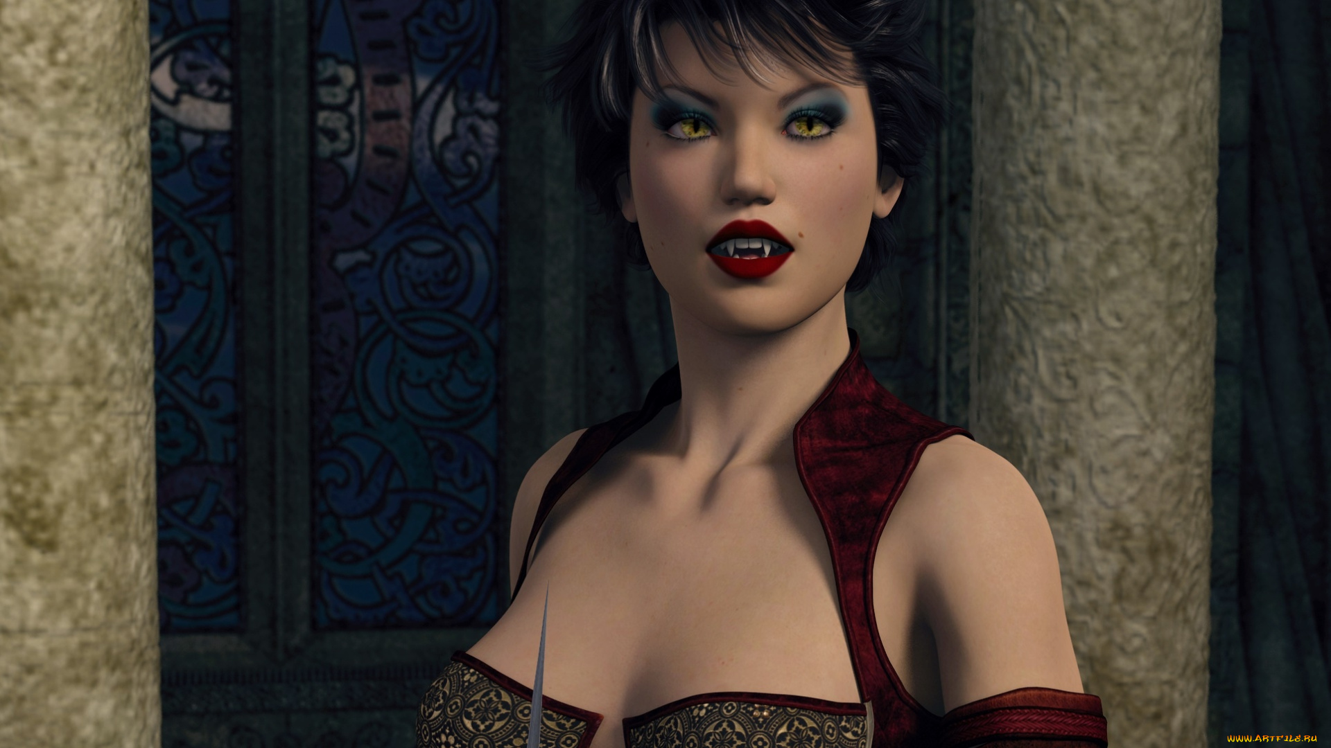 3д, графика, существа, , creatures, вампир, взгляд, фон, девушка