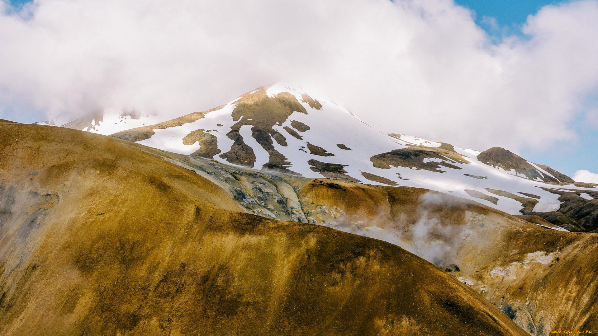 природа, горы, облака, небо, пар, гейзер, снег