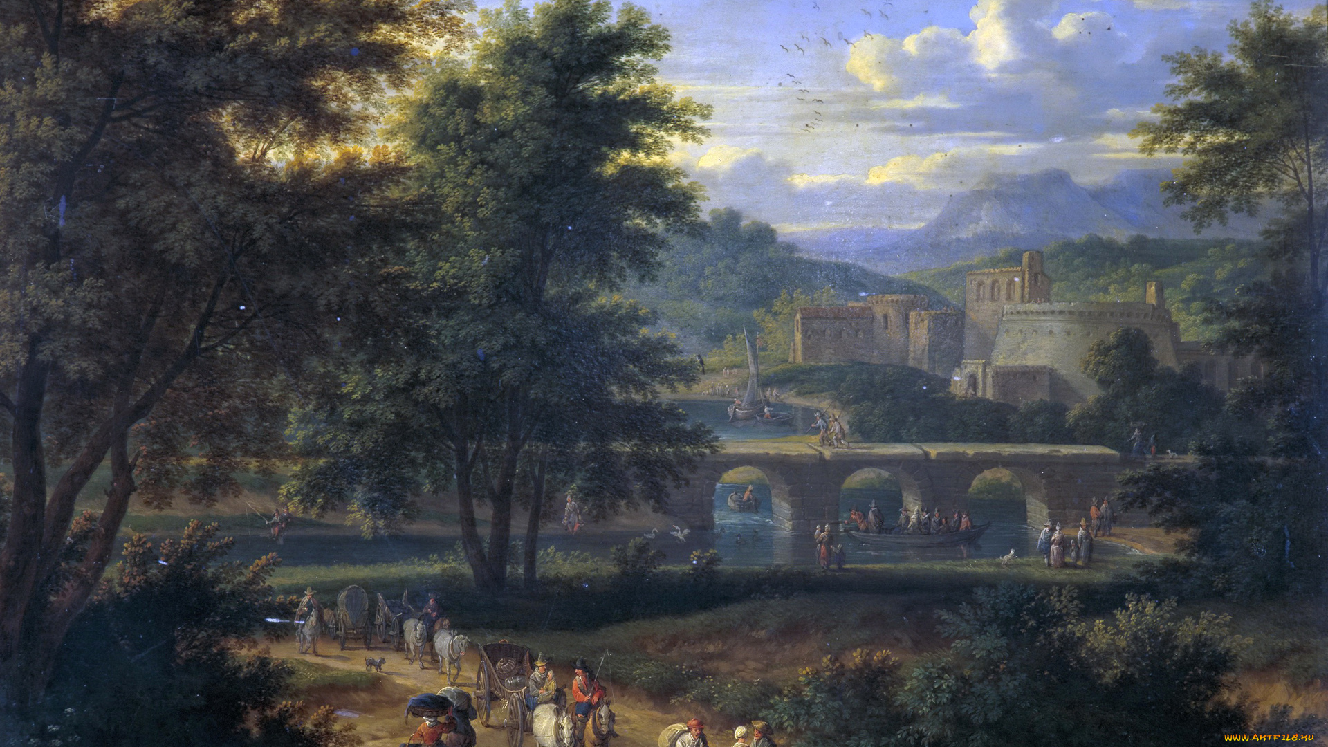 рисованное, живопись, картина, люди, мост, пейзаж, с, дорогой, к, реке, адриан, франс, будевинс, замок, деревья