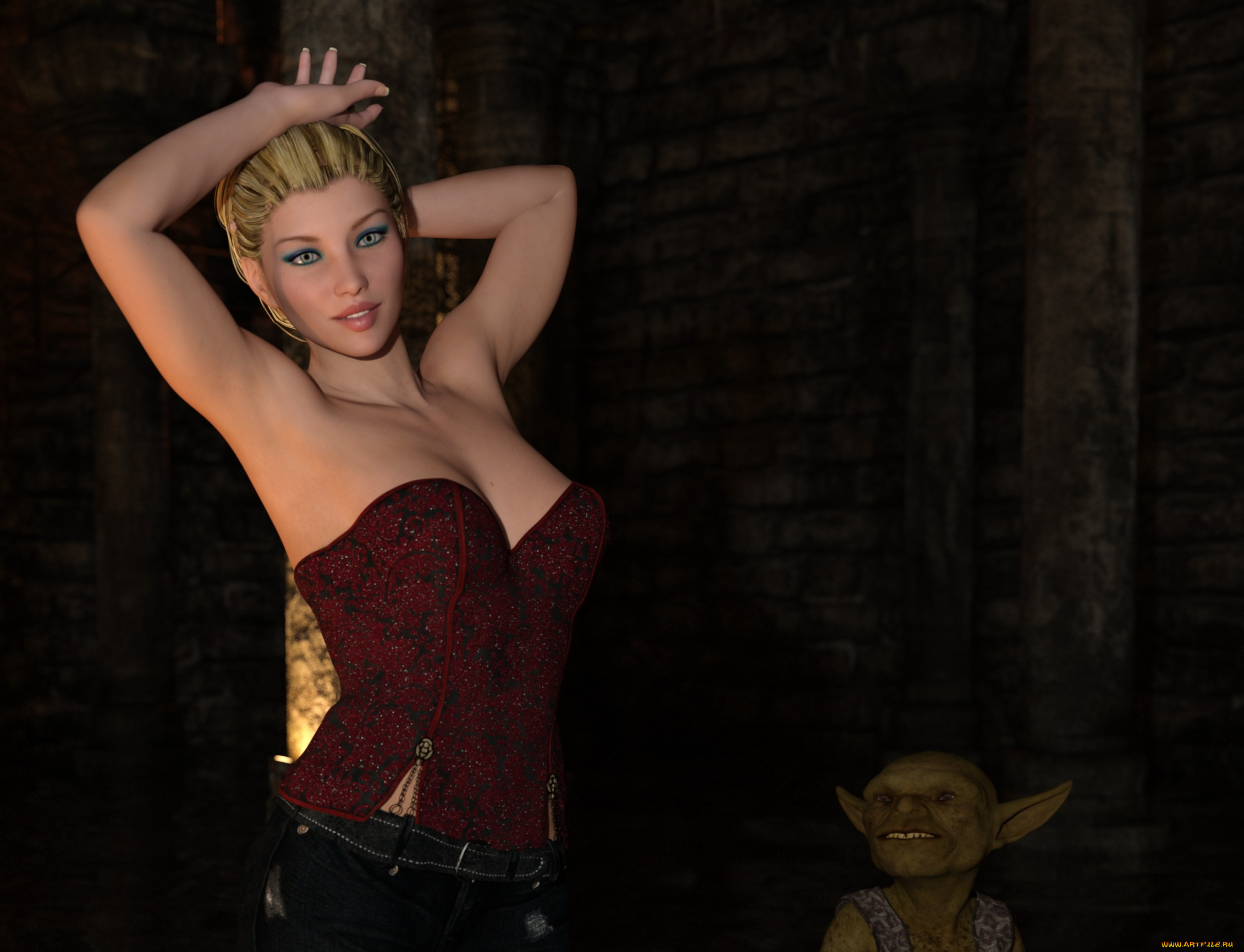 3д, графика, фантазия, , fantasy, девушка, взгляд, фон, троль