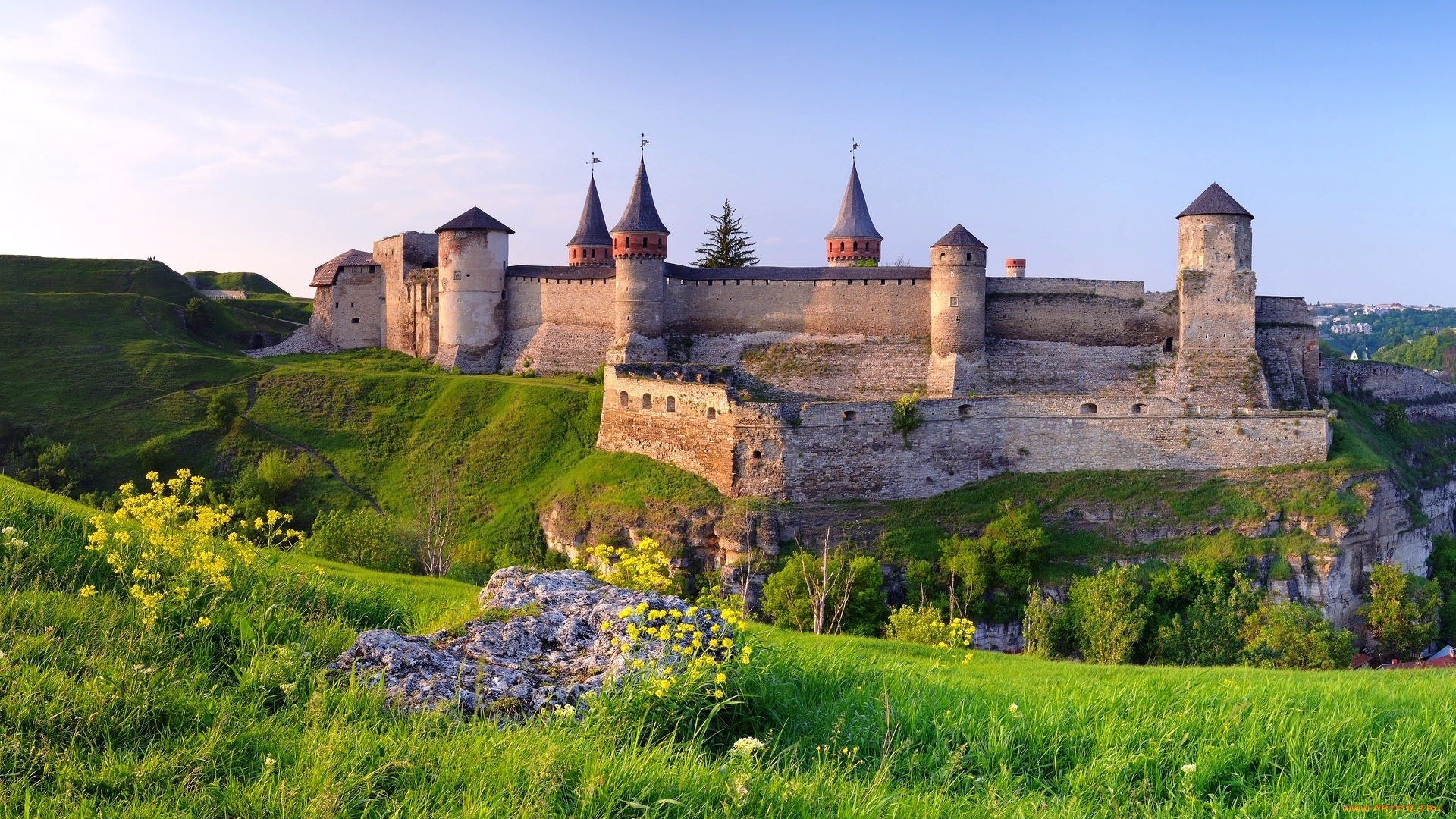 каменец-подольский, , украина, города, -, дворцы, , замки, , крепости, крепость, цветы, трава, холмы, вал