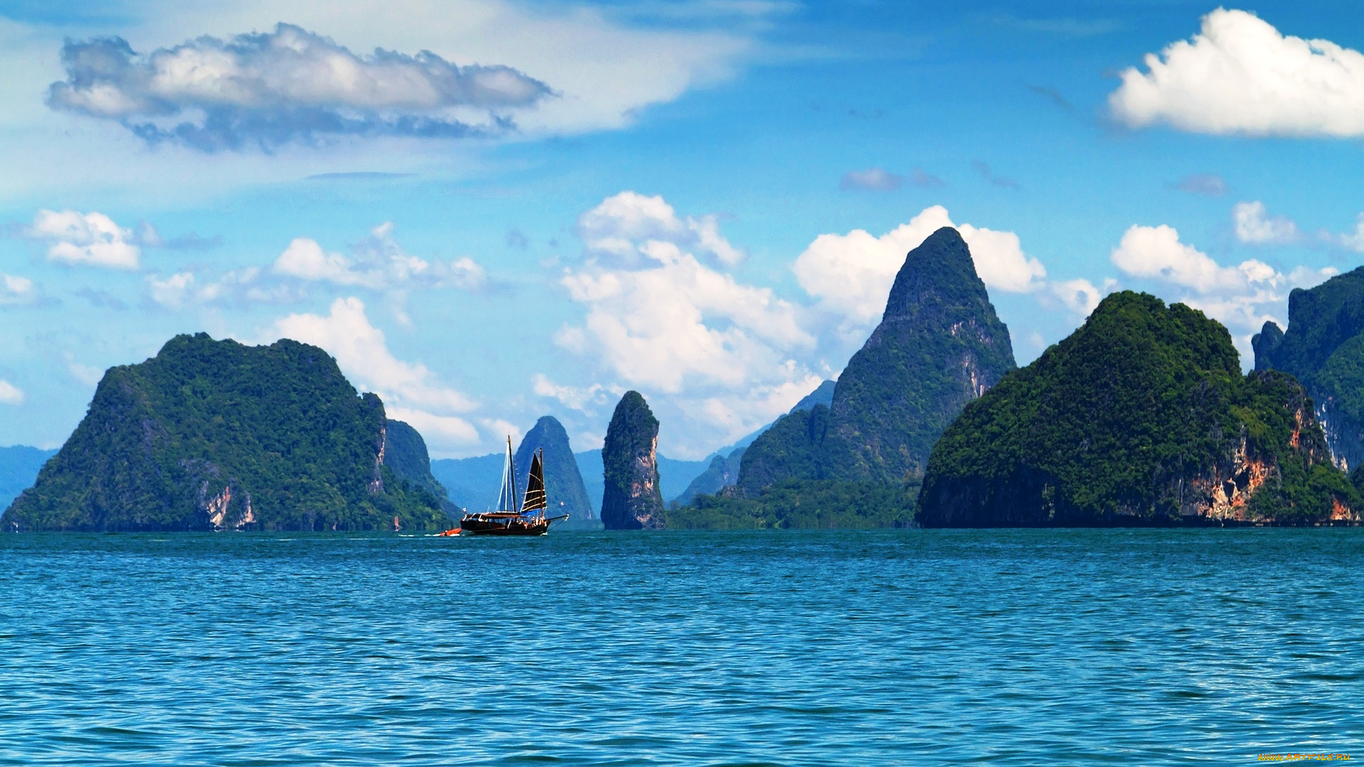 панг, нга, бэй, , таиланд, природа, тропики, облака, корабль, скалы, море