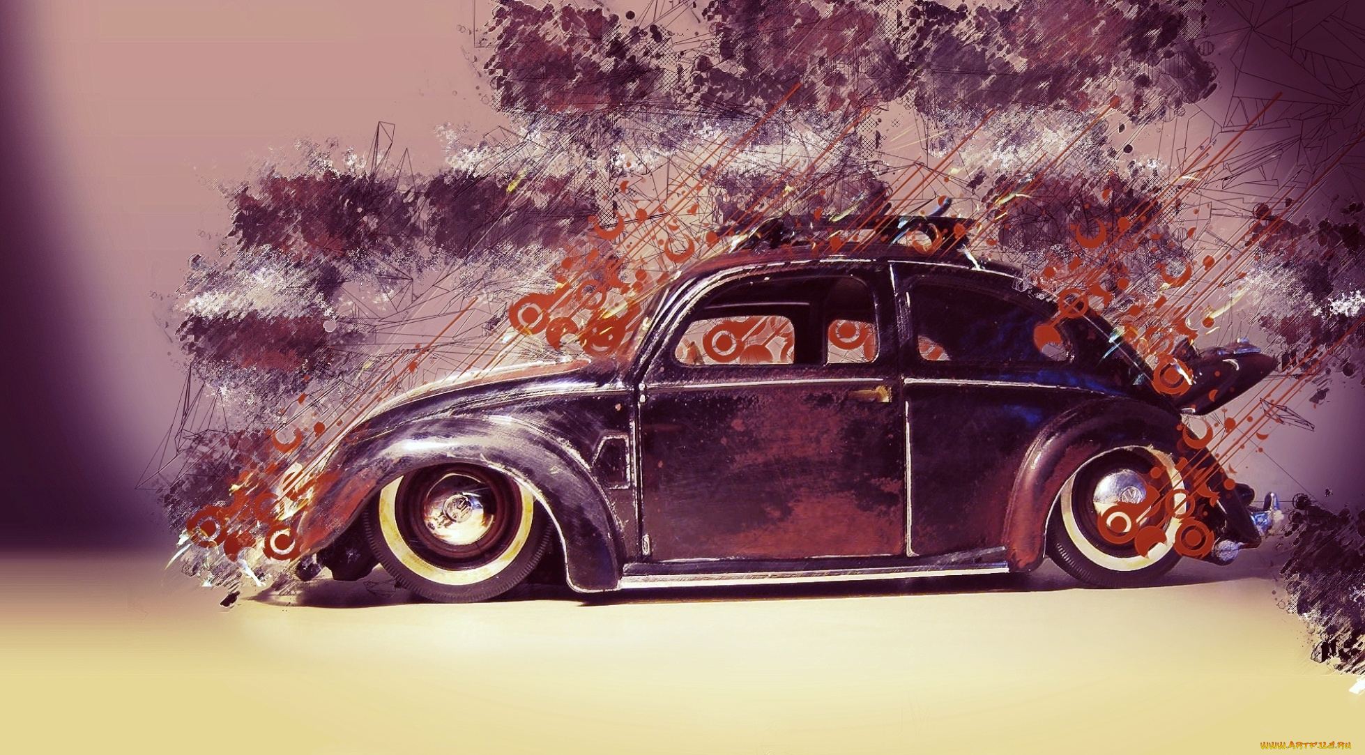рисованное, авто, мото, ретро, машина, beetle, volkswagen