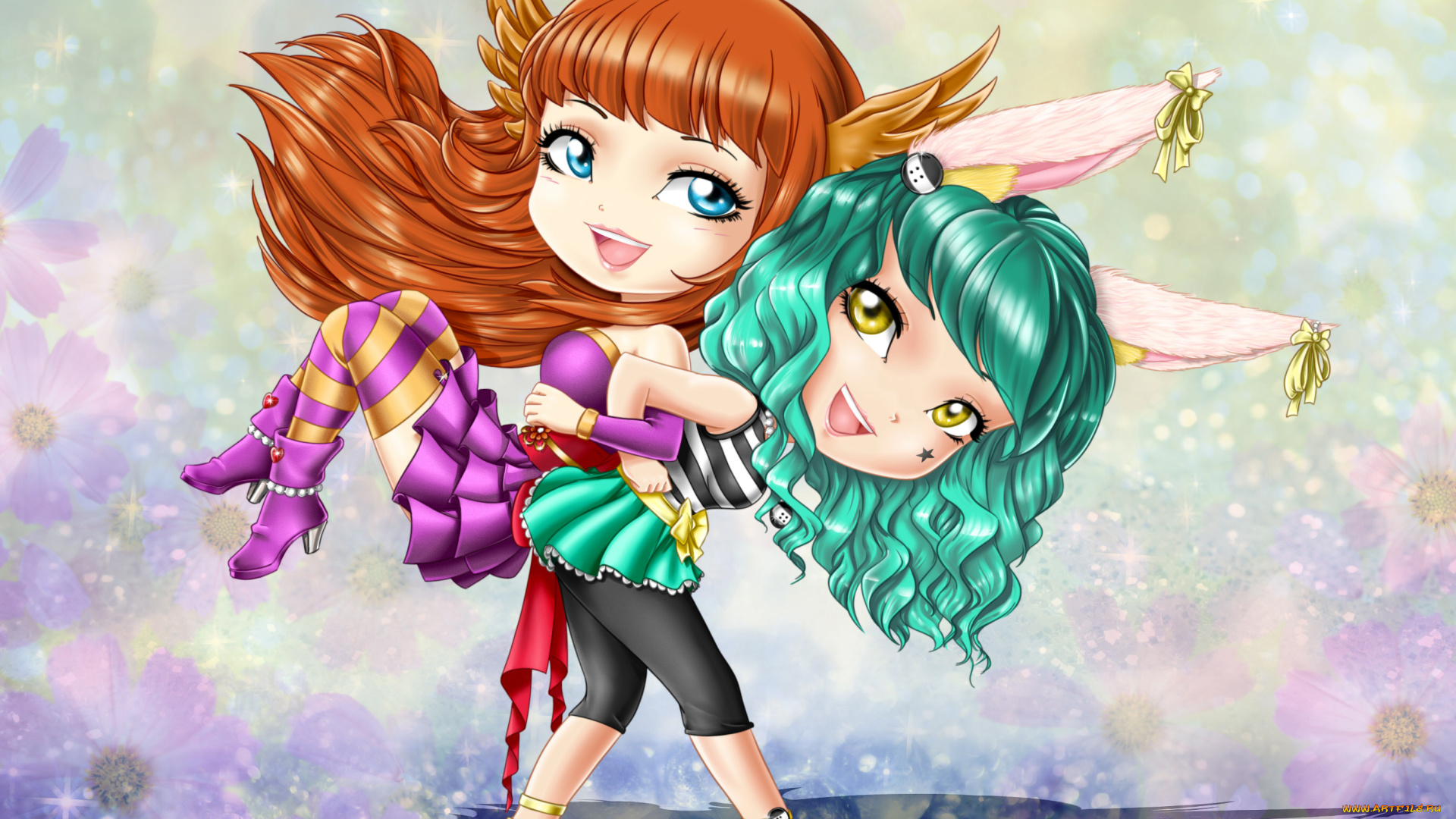 аниме, животные, , существа, улыбка, взгляд, девочки, фон