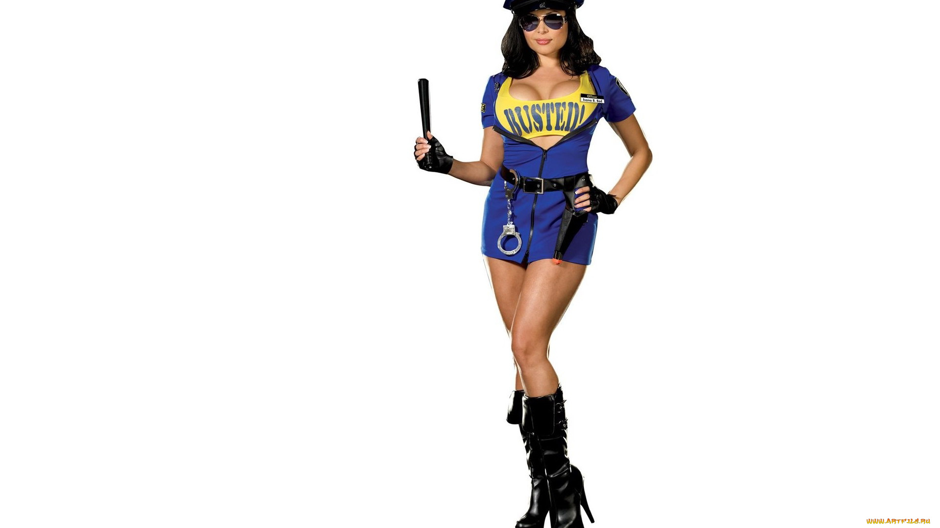 девушки, -unsort, , брюнетки, темноволосые, улыбка, очки, сапоги, перчатки, наручники, дубинка, полиция, брюнетка, фуражка, костюм