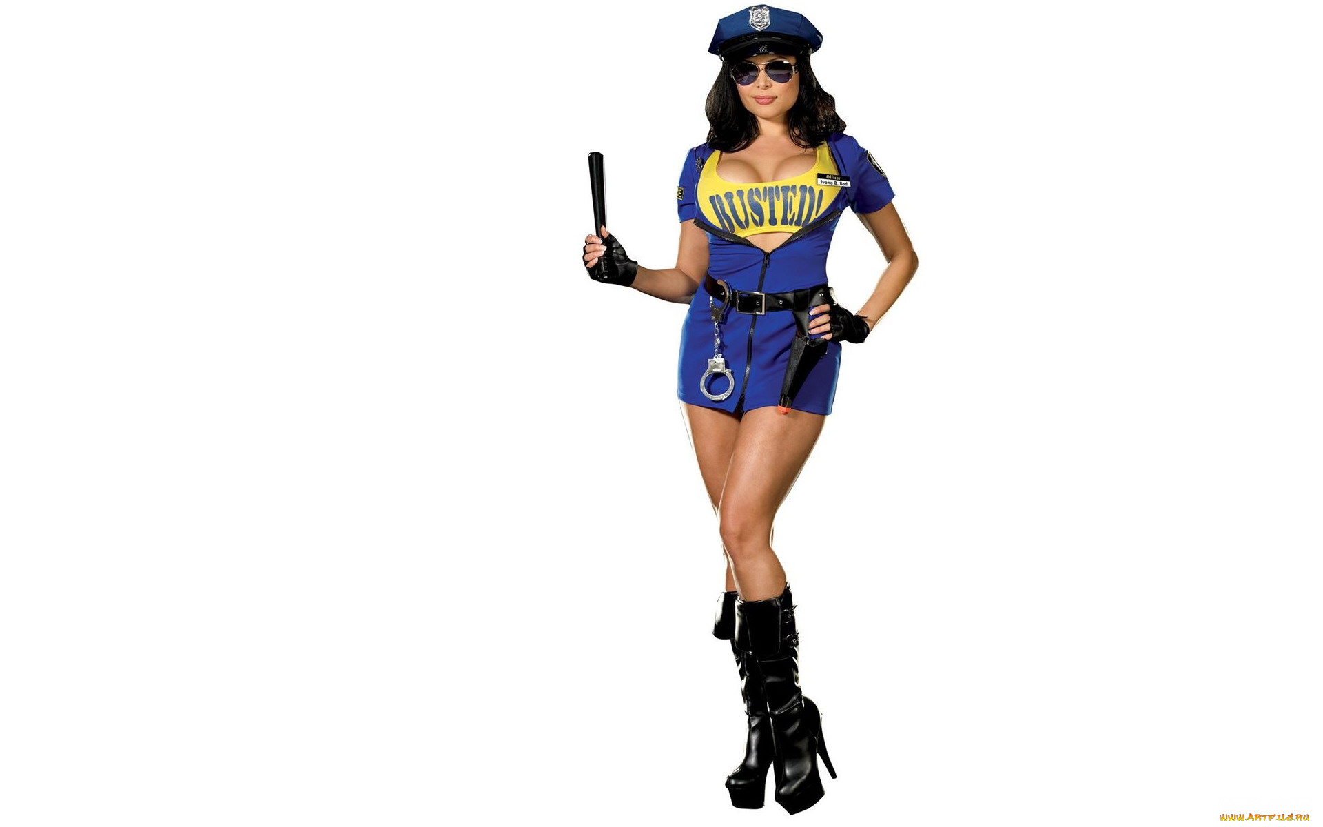 девушки, -unsort, , брюнетки, темноволосые, улыбка, очки, сапоги, перчатки, наручники, дубинка, полиция, брюнетка, фуражка, костюм