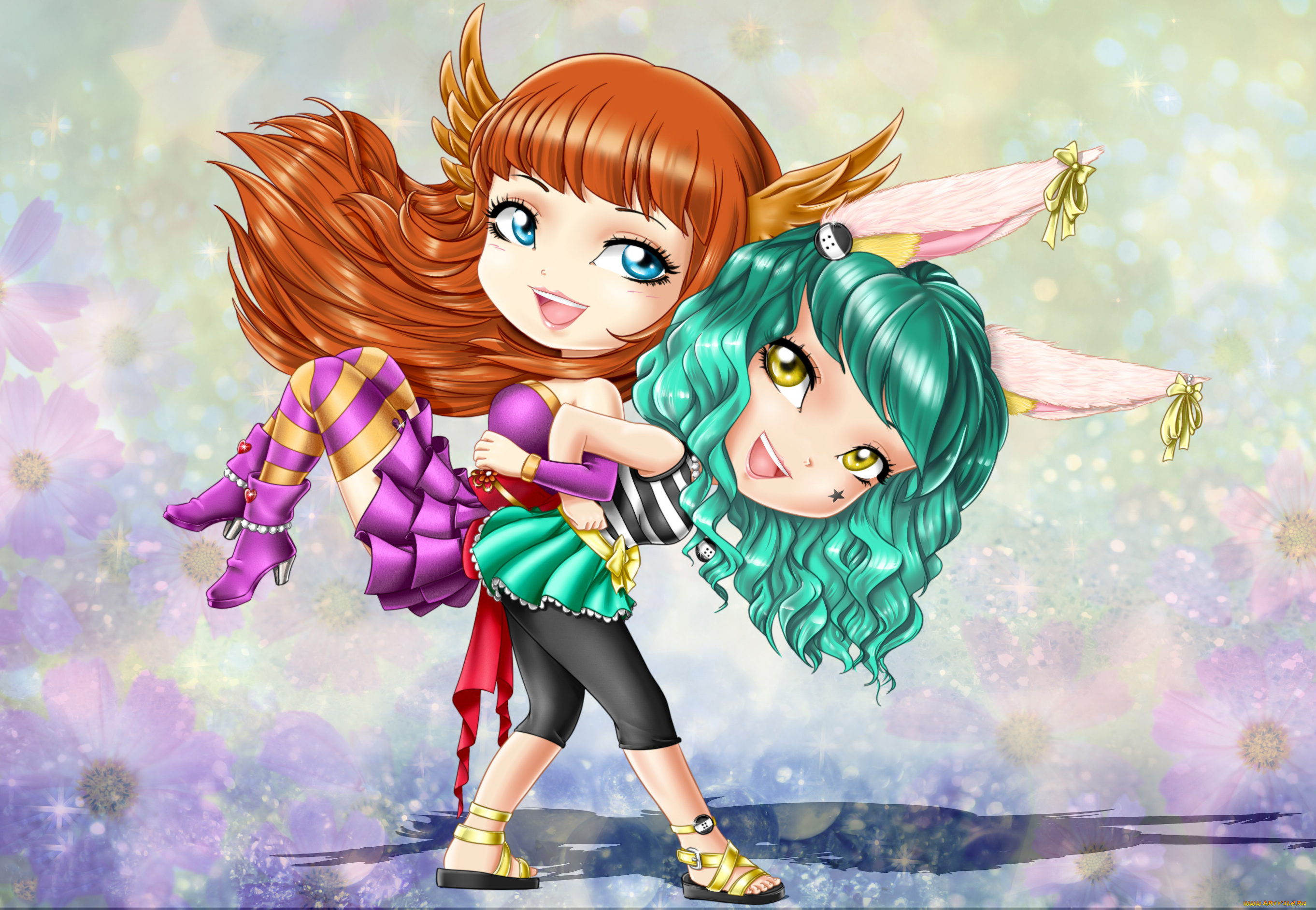 аниме, животные, , существа, улыбка, взгляд, девочки, фон