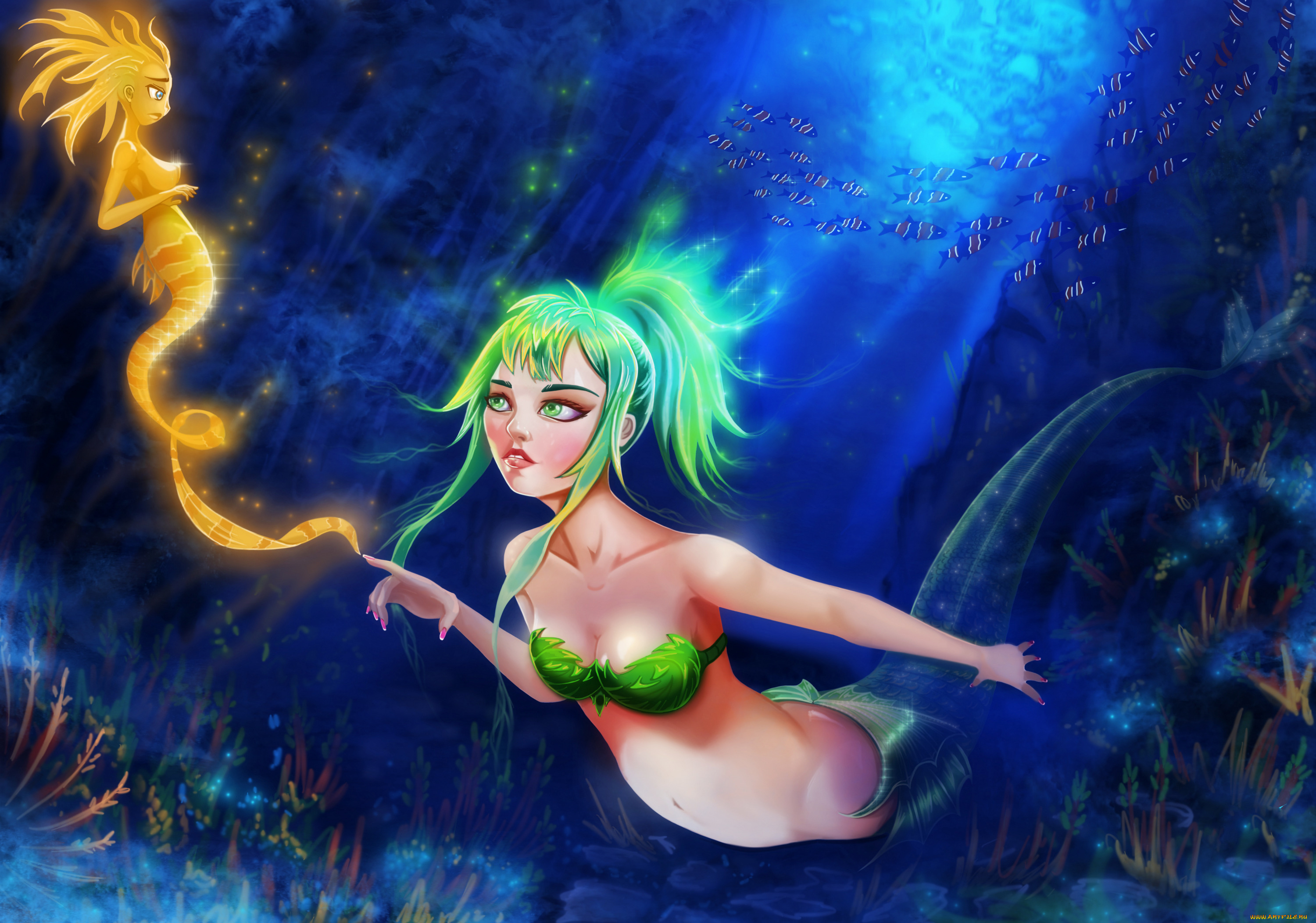 аниме, животные, , существа, русалка, фон, вода, девушка