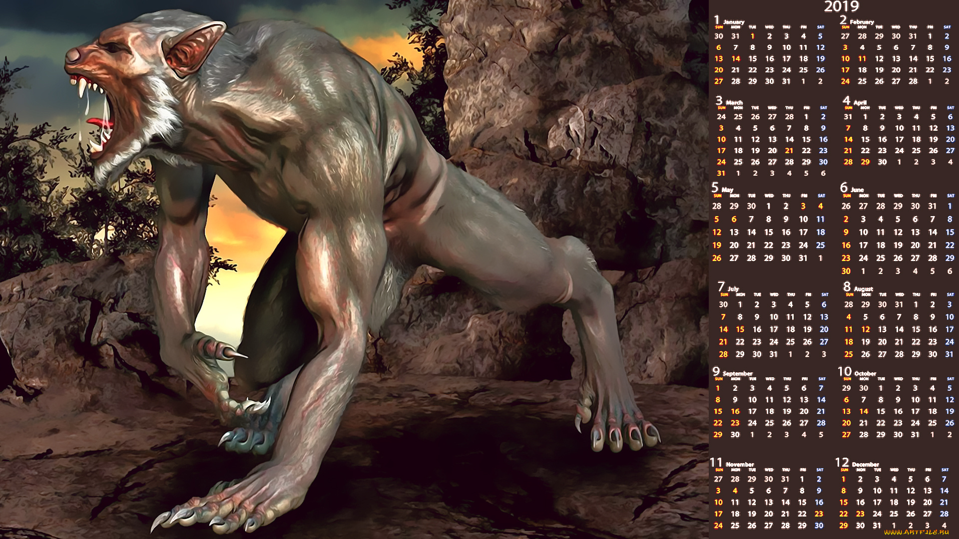 календари, 3д-графика, камень, монстр, существо