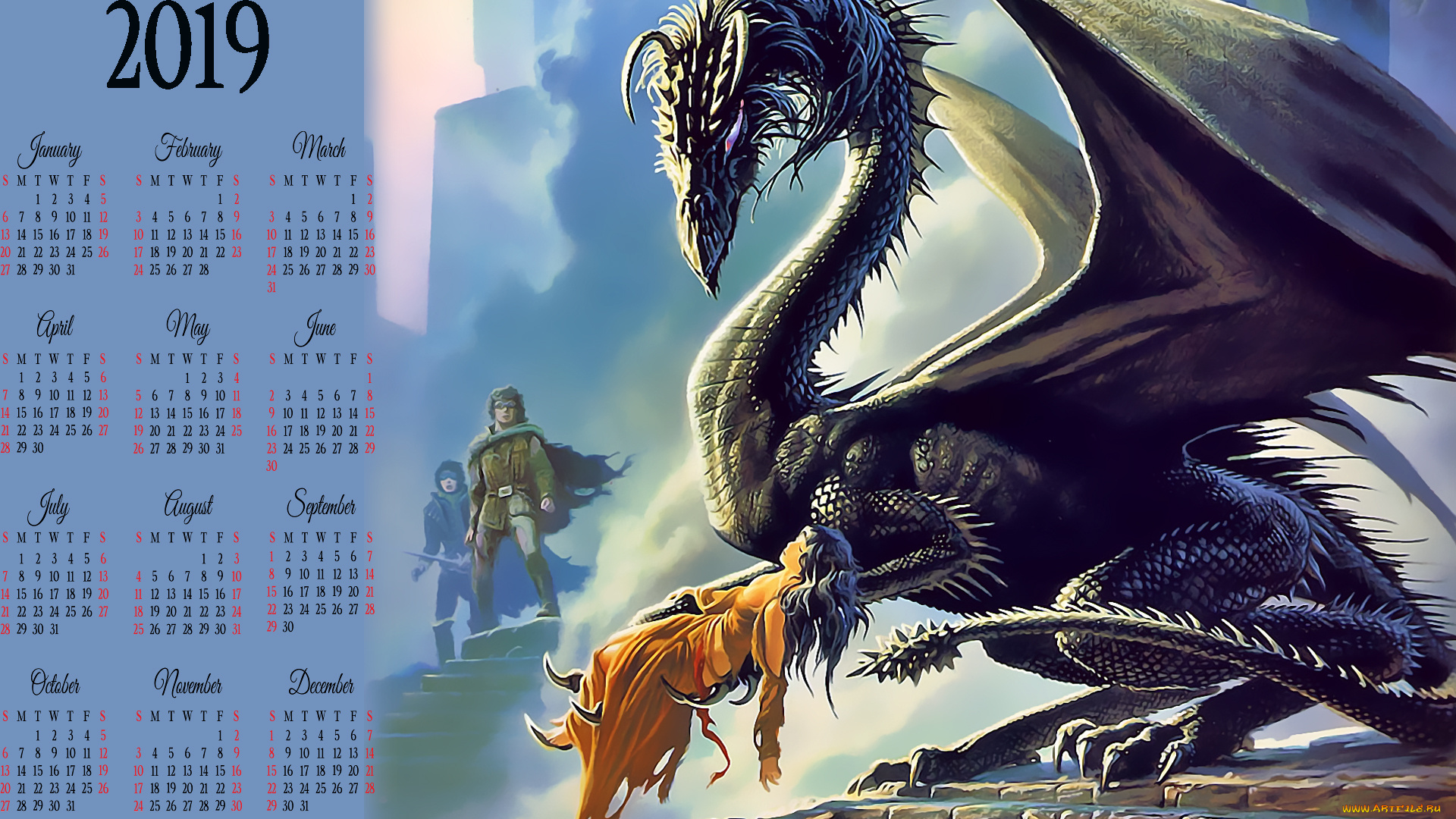 календари, фэнтези, оружие, воин, мужчина, женщина, дракон