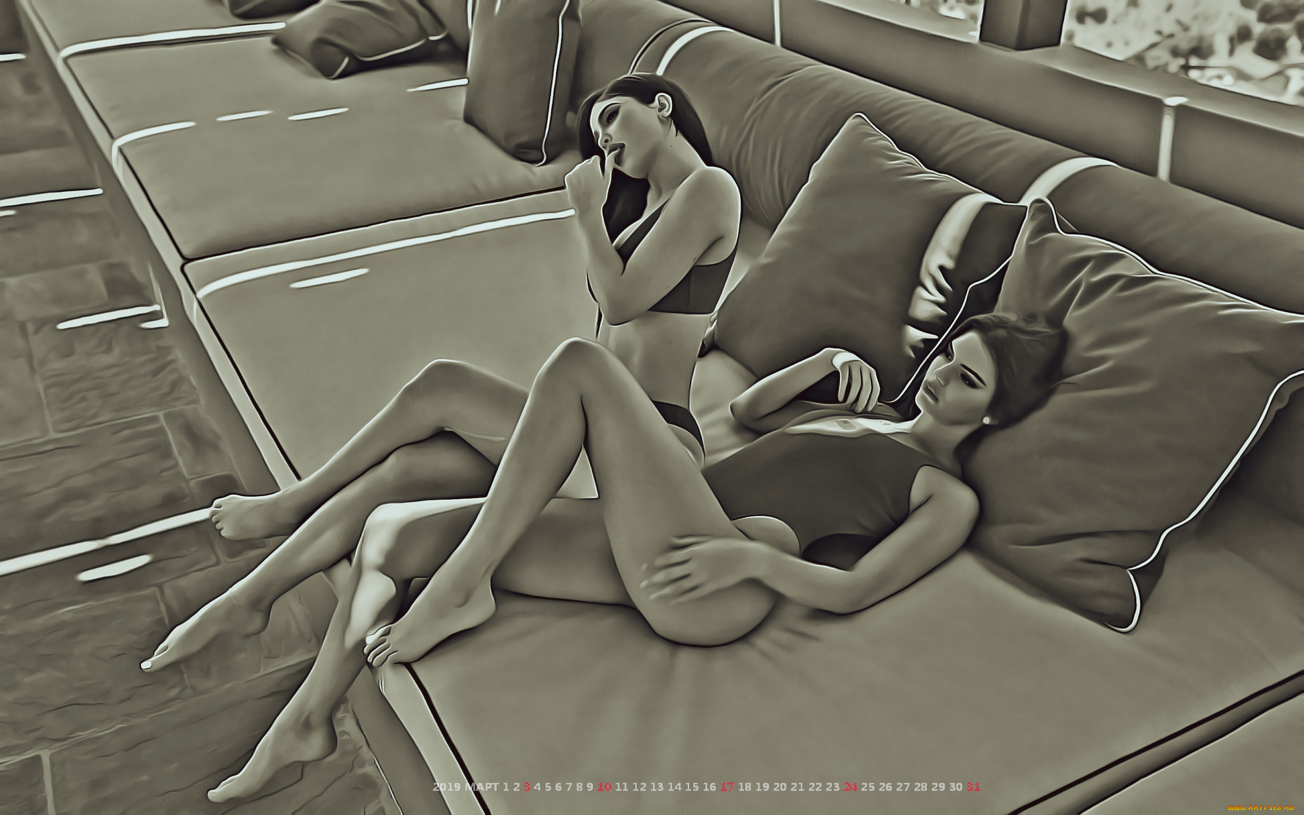 календари, компьютерный, дизайн, сидеть, подушка, девушка, двое, отдых