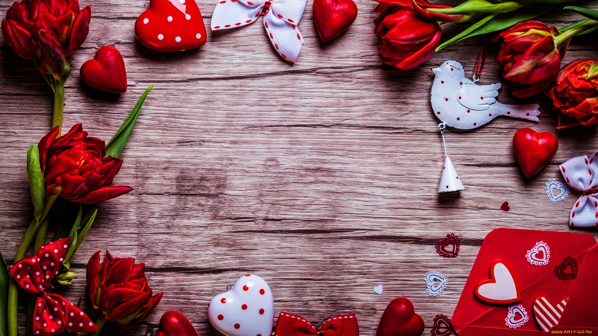 праздничные, день, святого, валентина, , сердечки, , любовь, банты, сердечки, тюльпаны