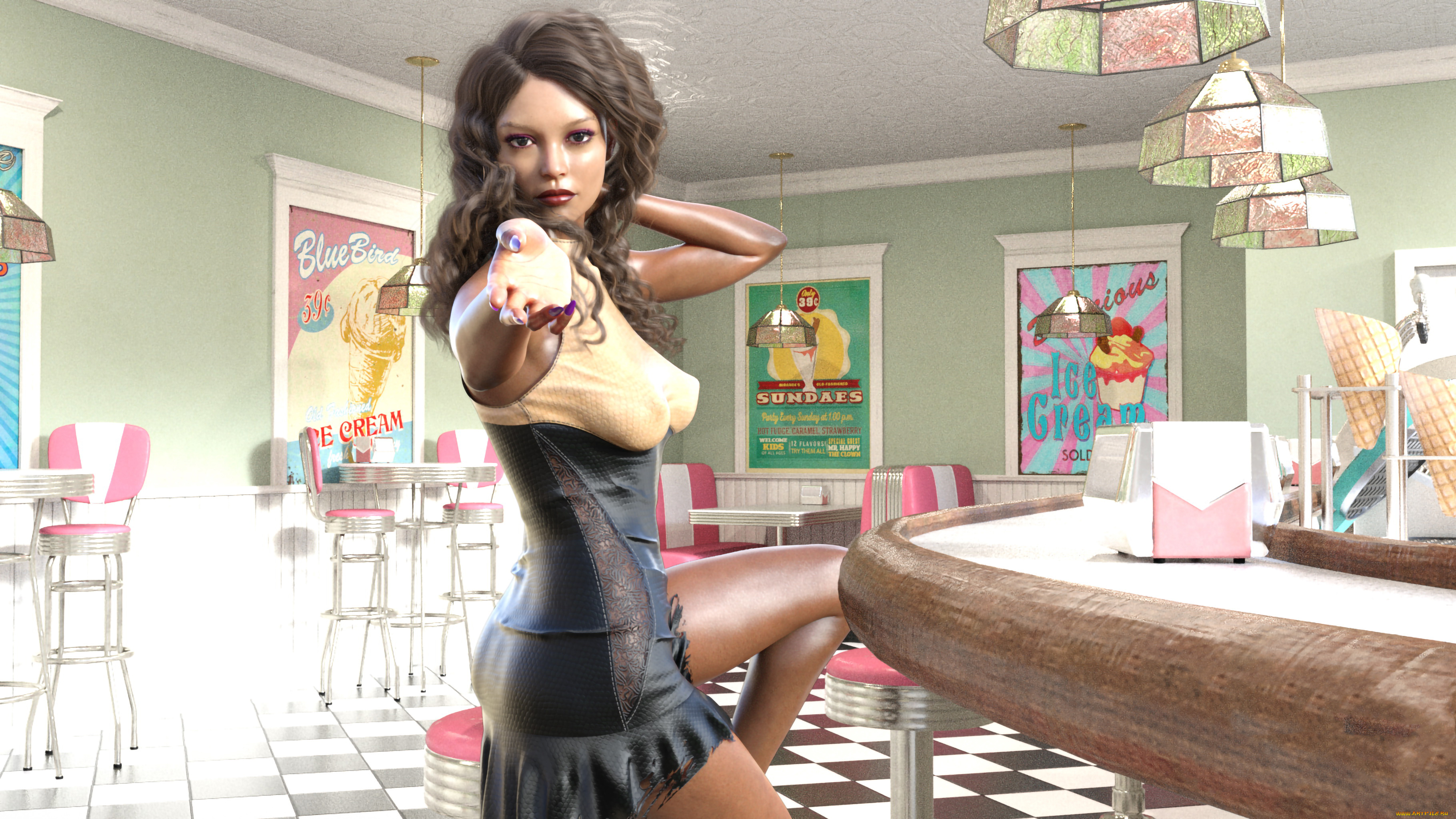 3д, графика, люди, , people, девушка, фон, взгляд, платье, бар