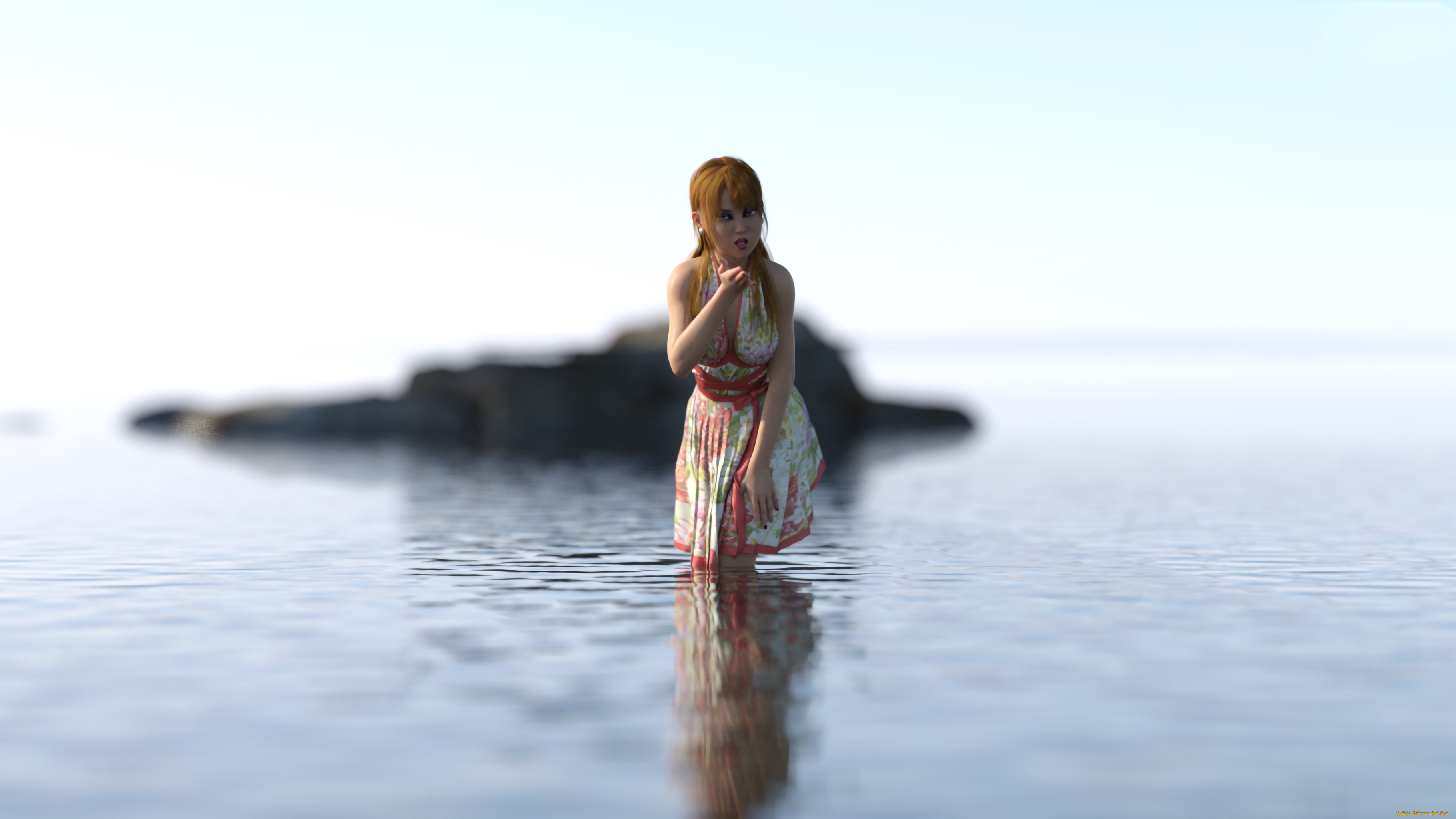 3д, графика, люди, , people, девушка, фон, взгляд, вода