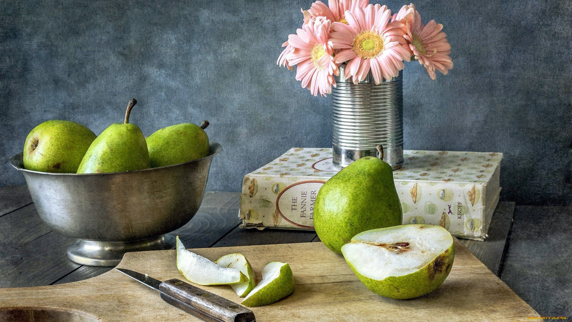 еда, груши, миска, книга, герберы