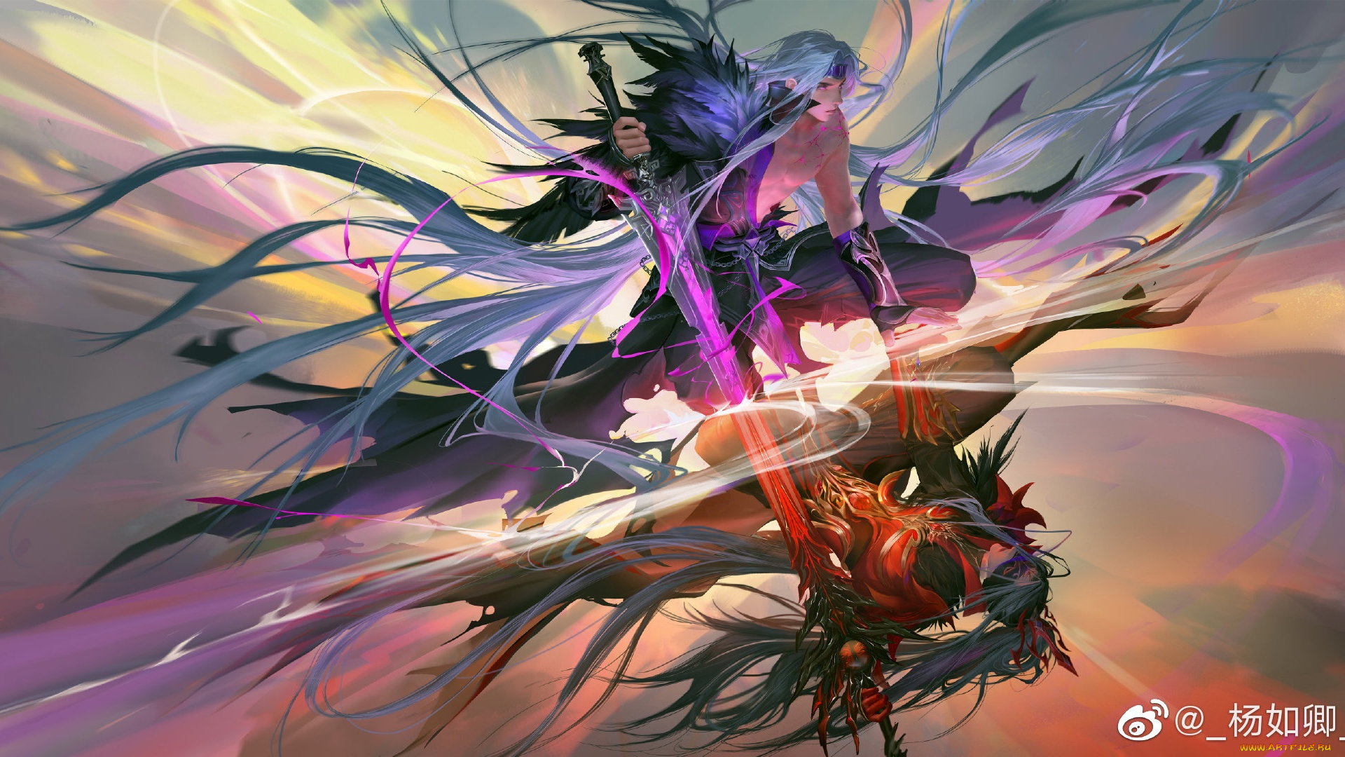 фэнтези, магия, парень, меч, отражение