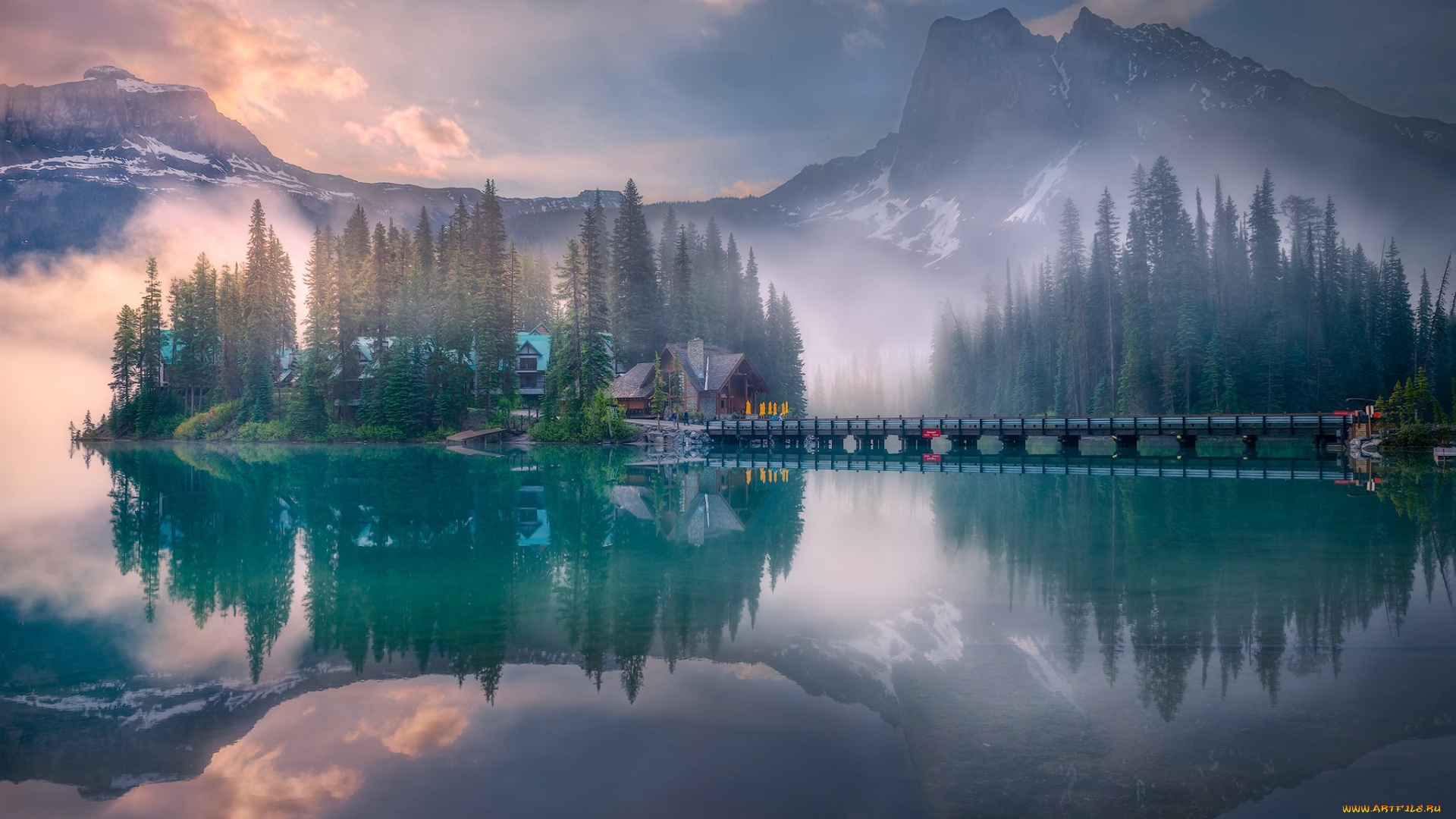 города, -, здания, , дома, лес, горы, мост, туман, домики, водоем