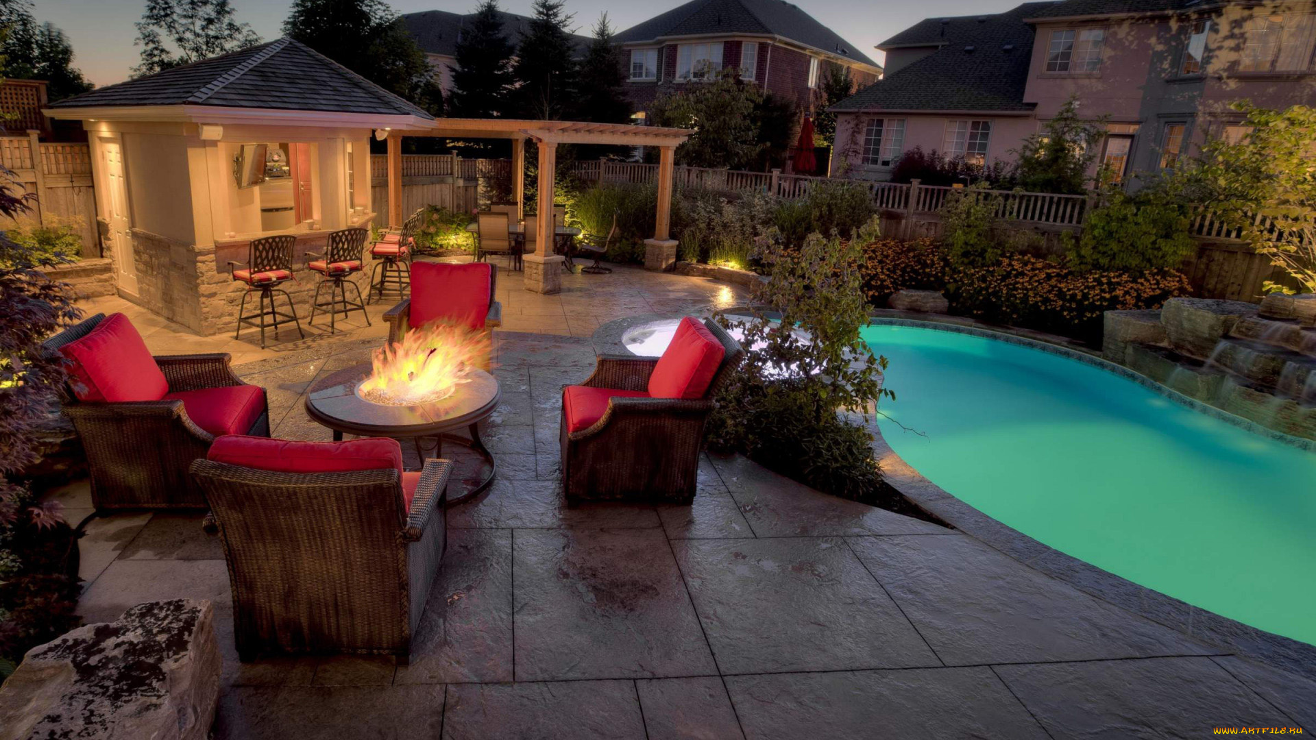 интерьер, бассейны, , открытые, площадки, бассейн, терраса, огонь