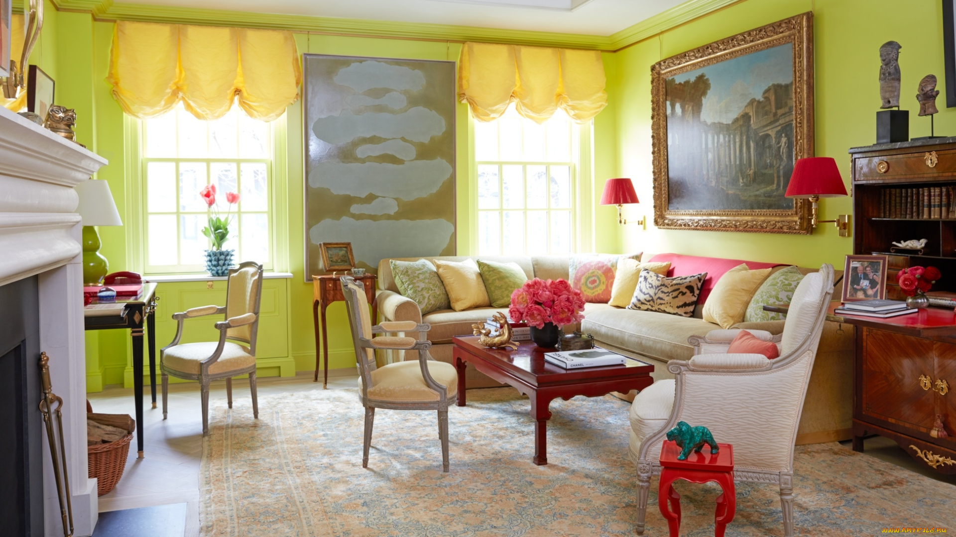 интерьер, гостиная, диван, подушки, книжный, шкаф