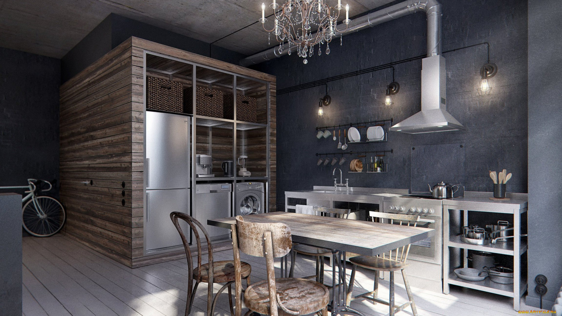 интерьер, кухня, плита, холодильник, стол, стулья