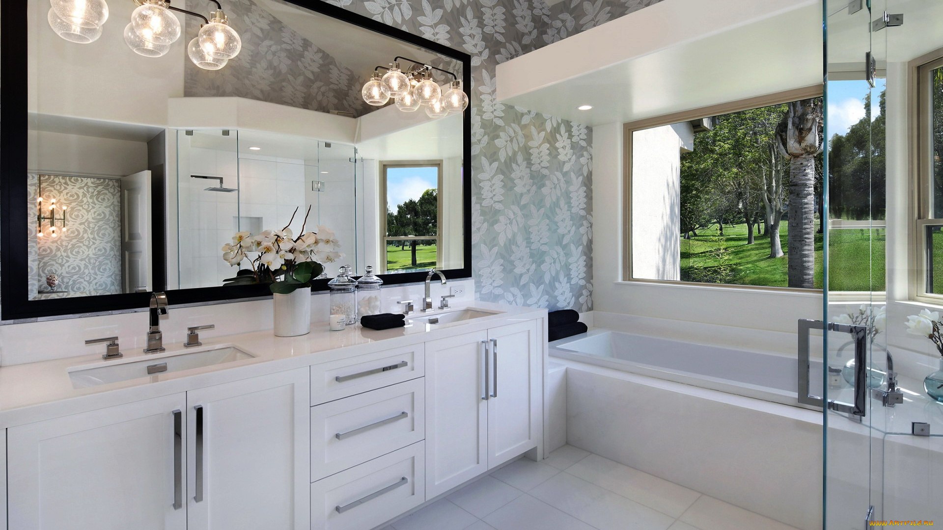 интерьер, ванная, и, туалетная, комнаты, ванна, букет, лампы